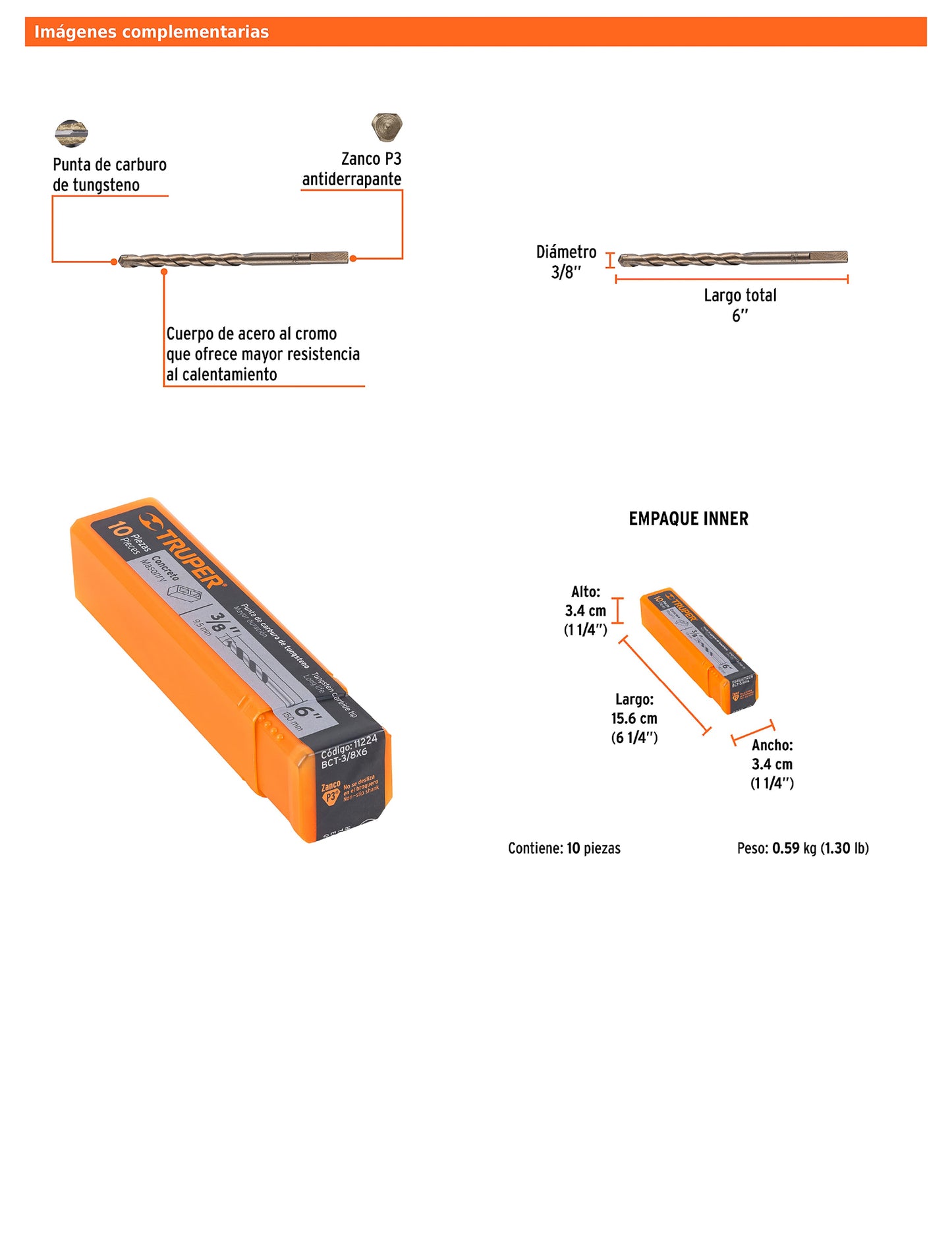 Broca para concreto de 3/8 x 6 in con punta de carburo de tungsteno