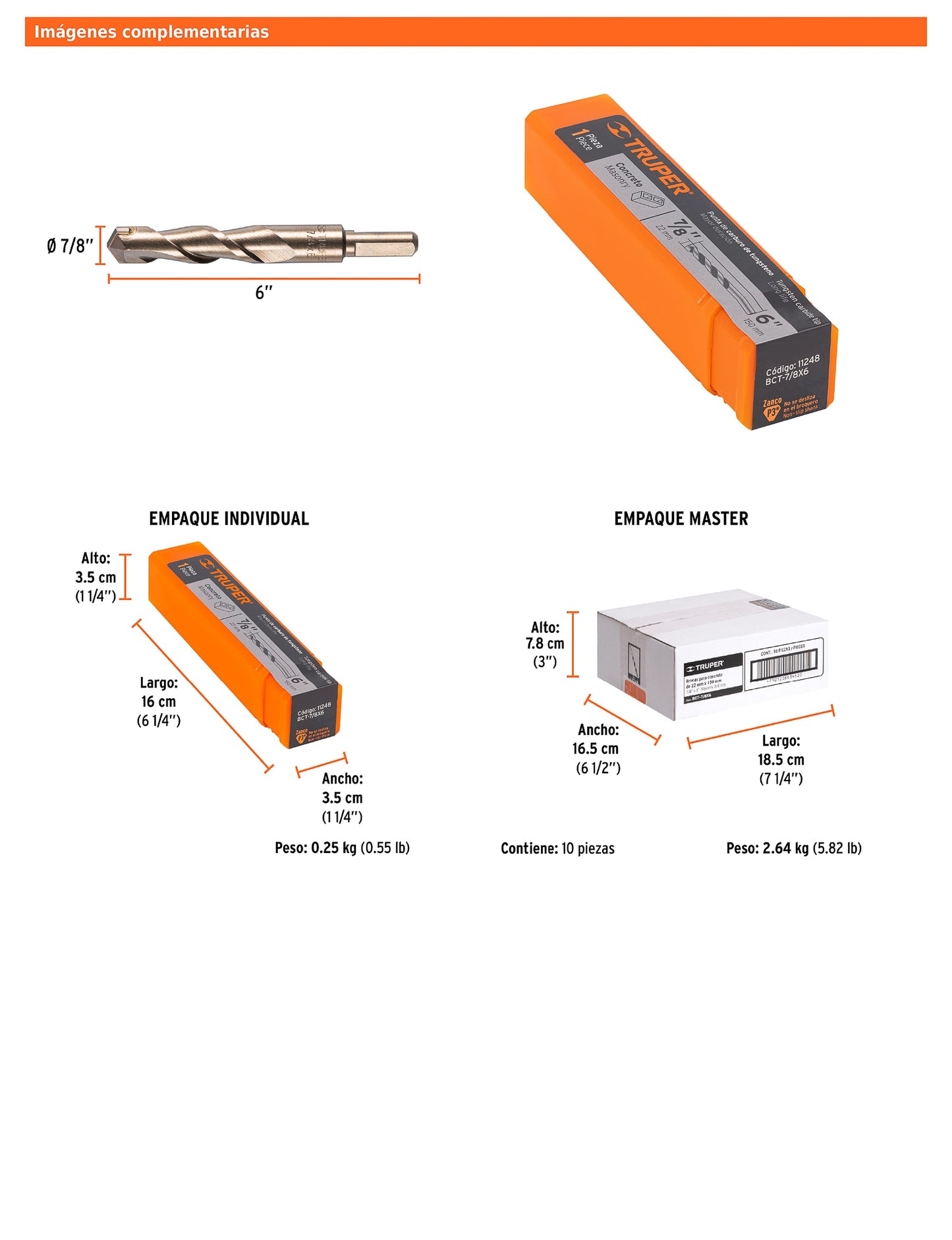 Broca para concreto de 7/8 x 6 in con punta de carburo de tungsteno