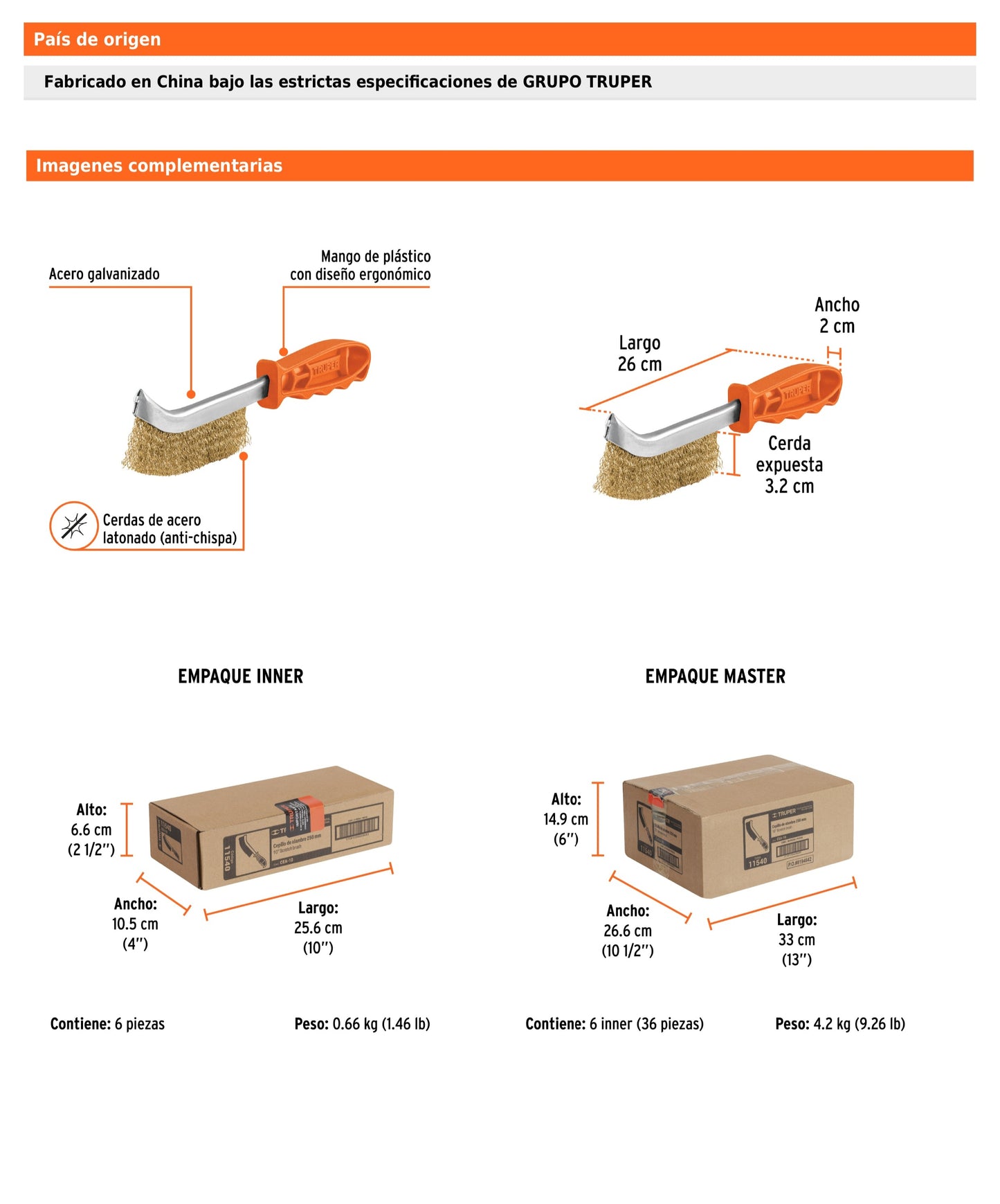 Cepillo curvo anti-chispa de 26 cm con cerdas de acero latonado y mango ergonómico