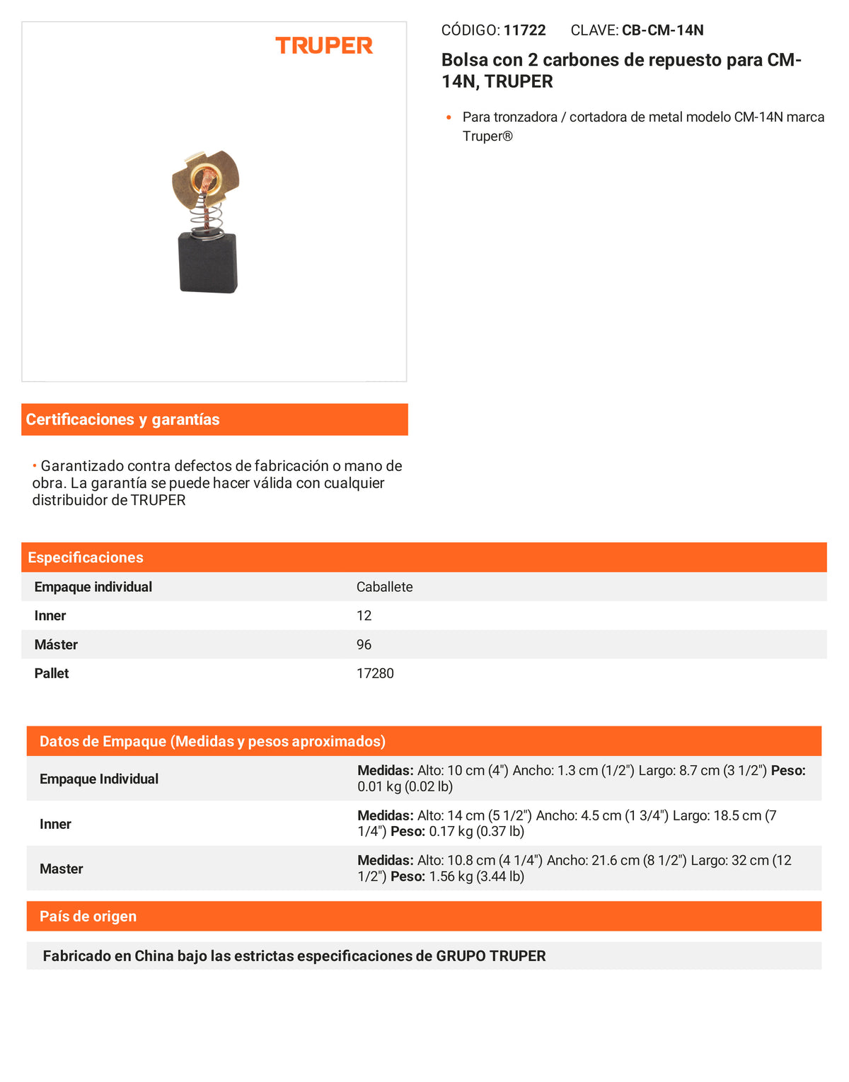 Ficha tecnica - 2 carbones para CM-14N - SKU 11722