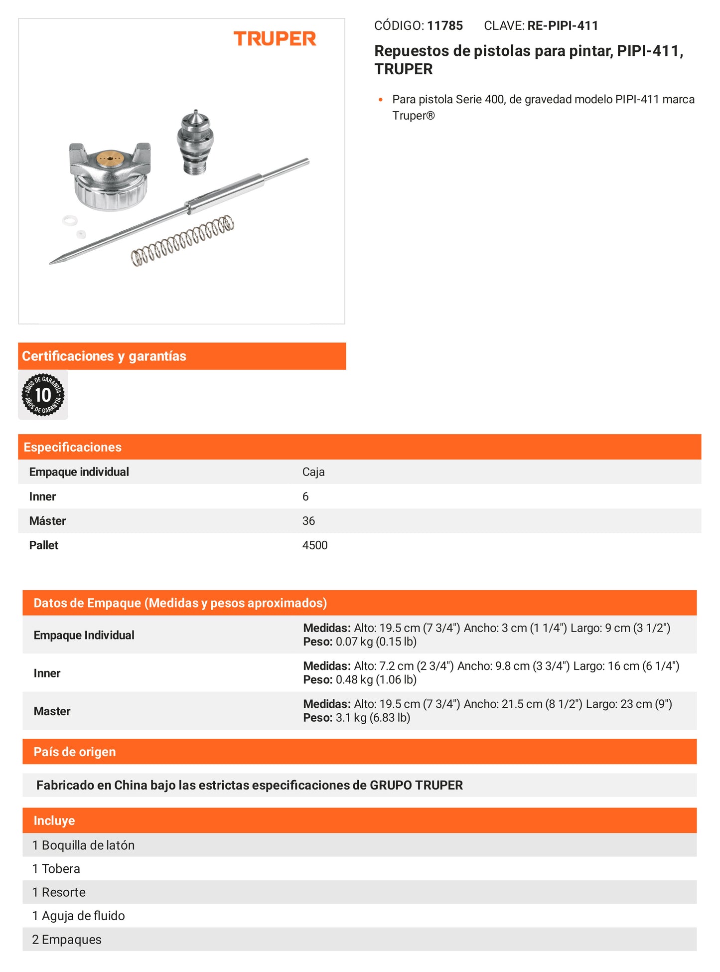Ficha tecnica - Repuestos de pistolas para pintar PIPI-411 - SKU 11785