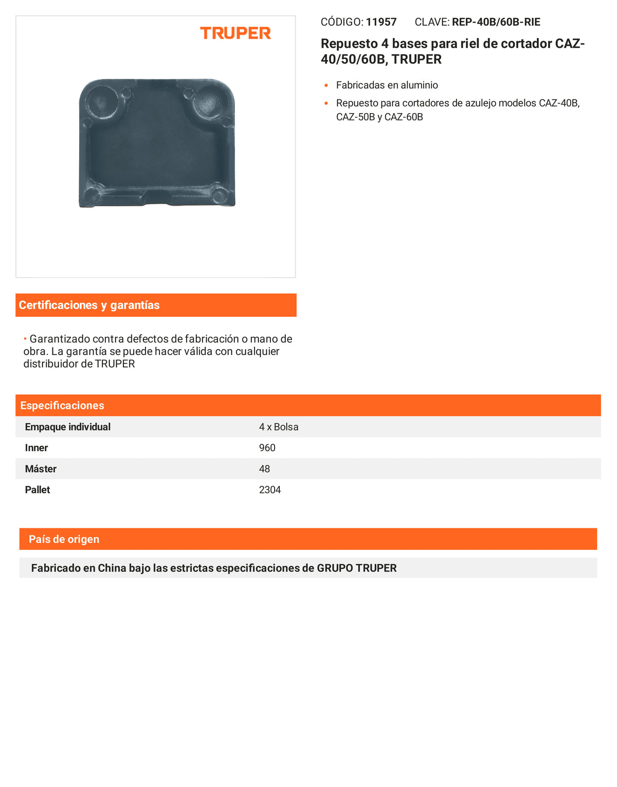 Ficha tecnica - Repuesto 4 bases para riel CAZ-40/50/60B - SKU 11957