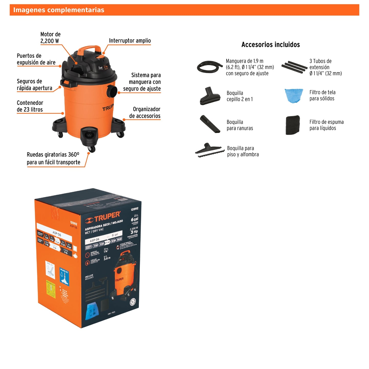 Aspiradora para sólidos y líquidos de 6 galones 3 HP con tanque plástico