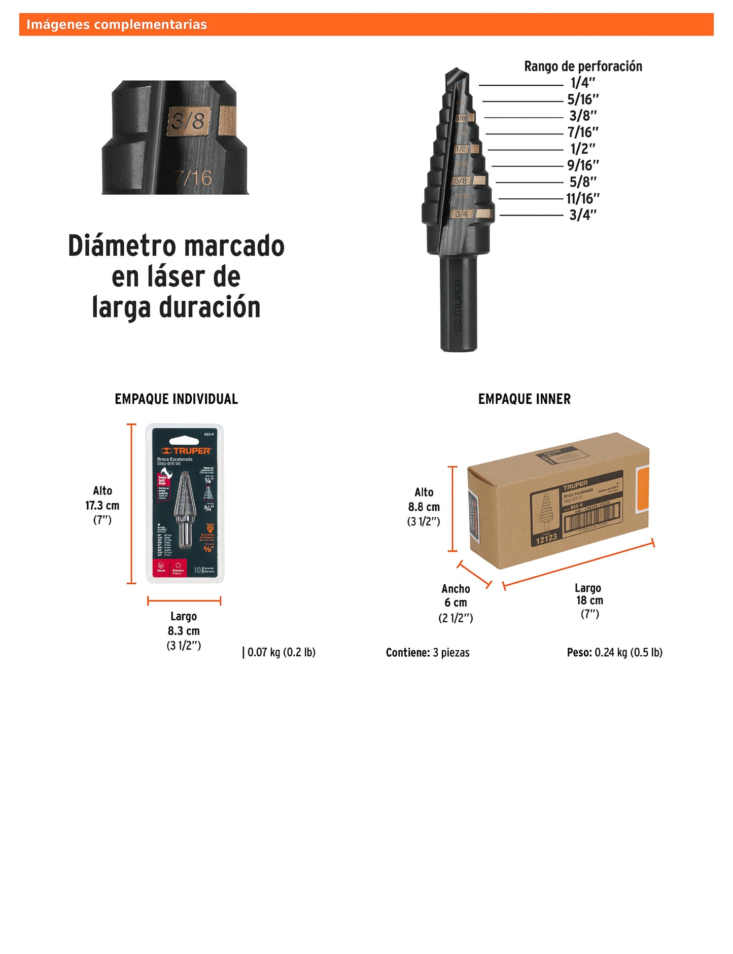 Broca escalonada óxido negro de 9 escalones con punta Split Point