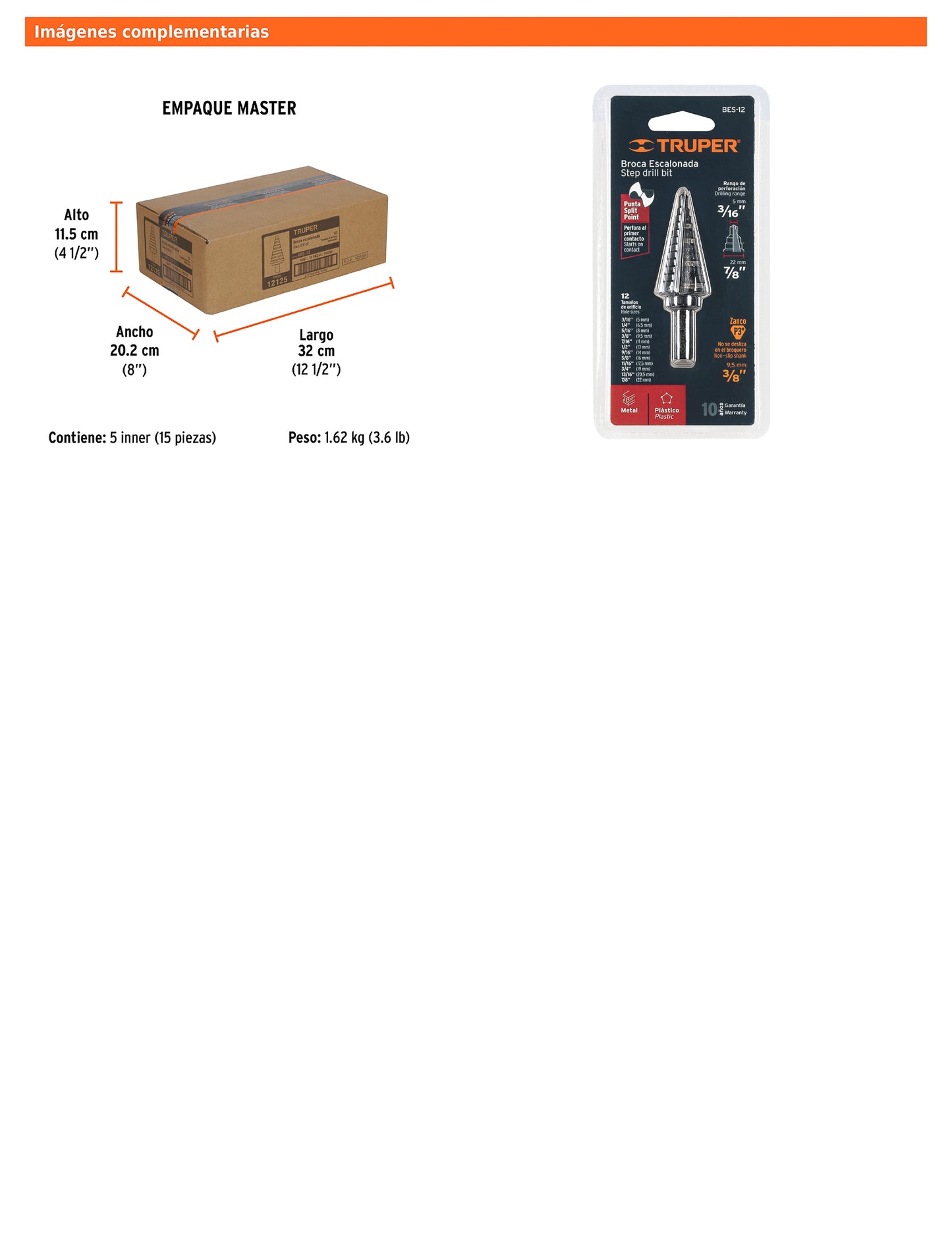 Broca escalonada óxido negro de 12 escalones con punta Split Point