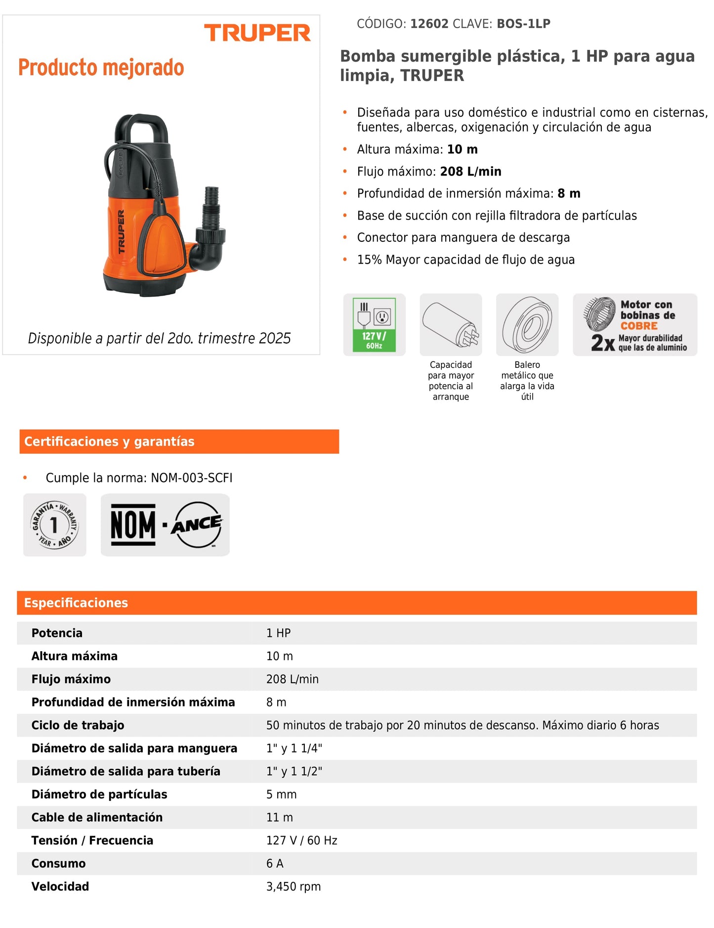Bomba sumergible plástica de 1 HP para agua limpia con flujo de 208 L/min