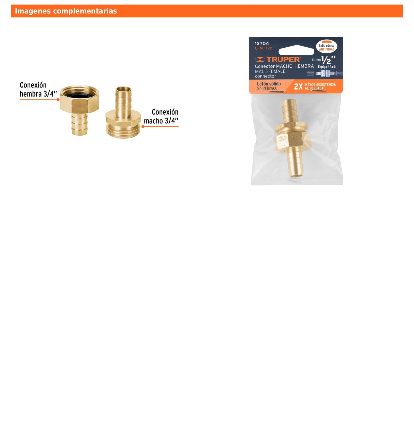 Conectores macho y hembra de latón sólido para manguera de 1/2"