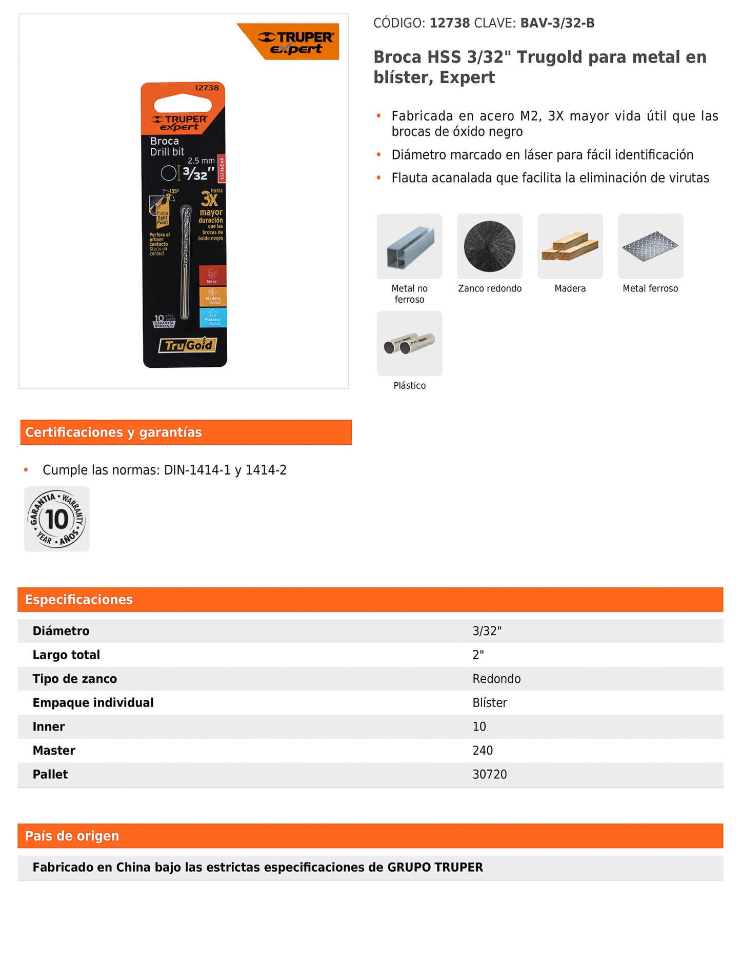 Broca HSS 3/32 pulg Trugold para metal