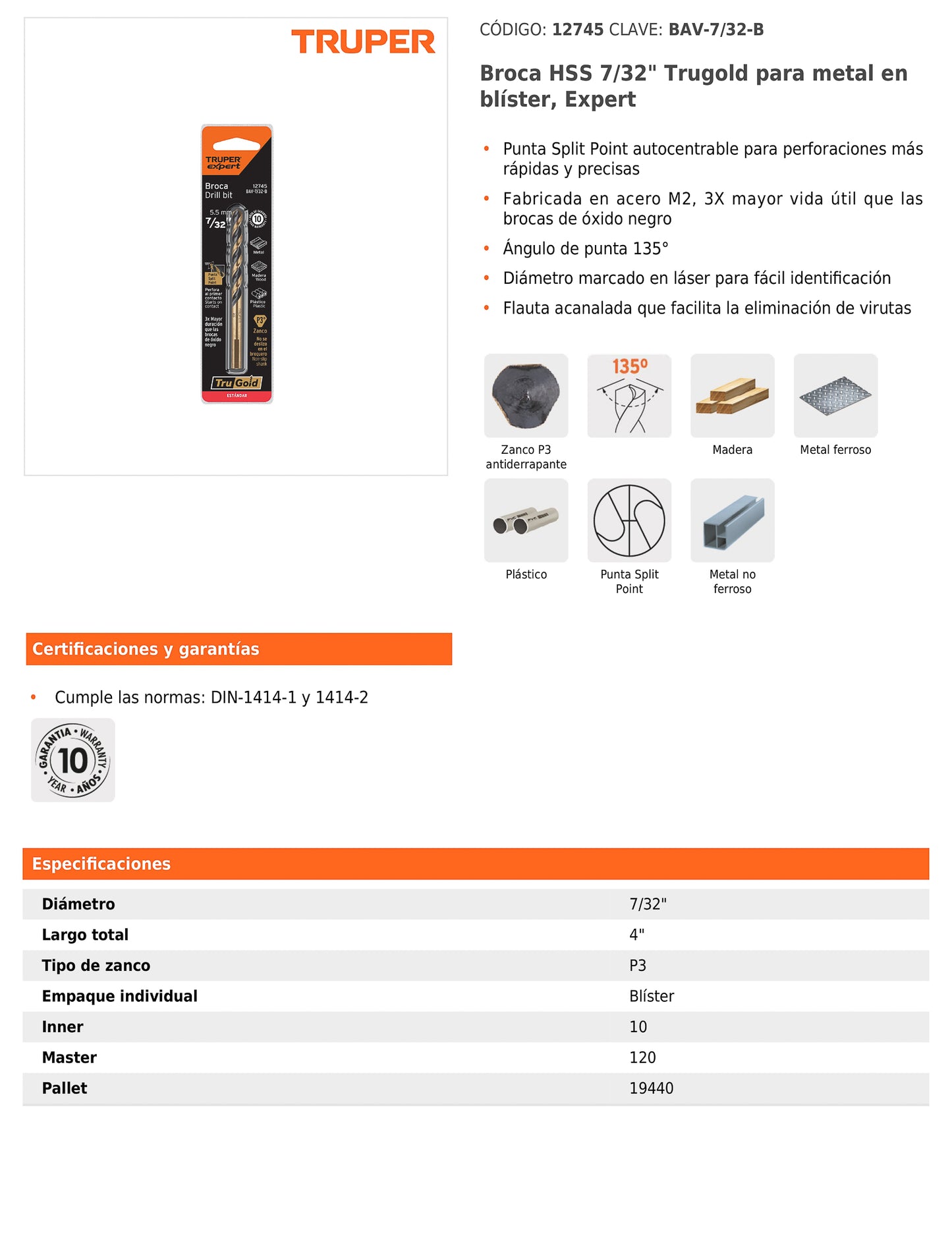 Broca HSS 7/32 pulg Trugold para metal con punta Split Point