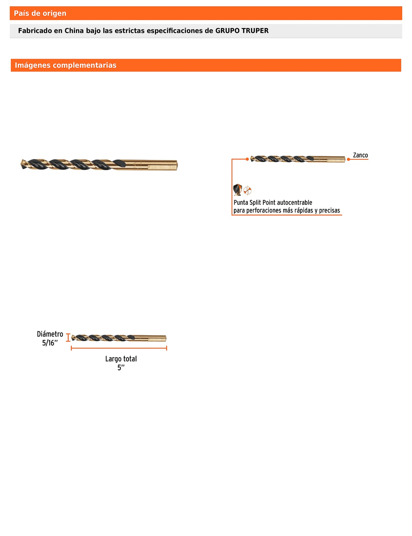 Broca HSS 5/16 pulg Trugold para metal con punta Split Point