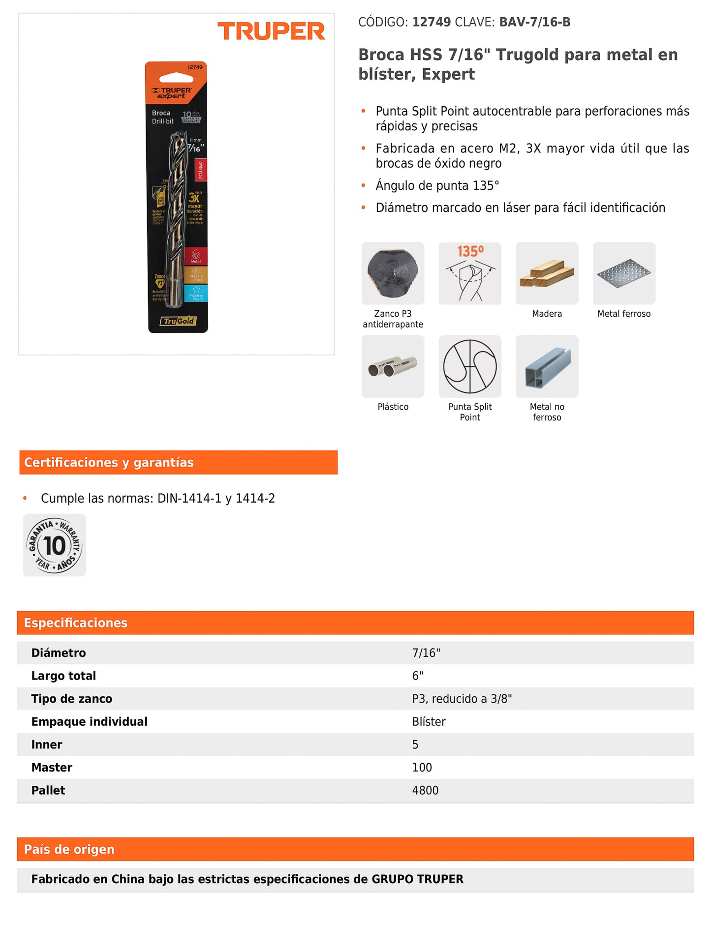 Broca HSS 7/16 pulg Trugold para metal con punta Split Point