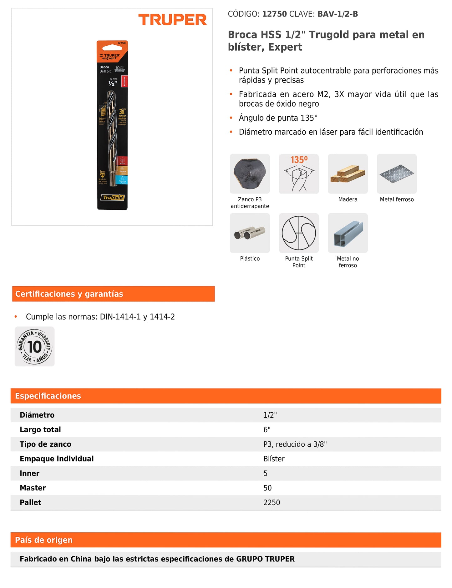 Broca HSS 1/2 pulg Trugold para metal con punta Split Point