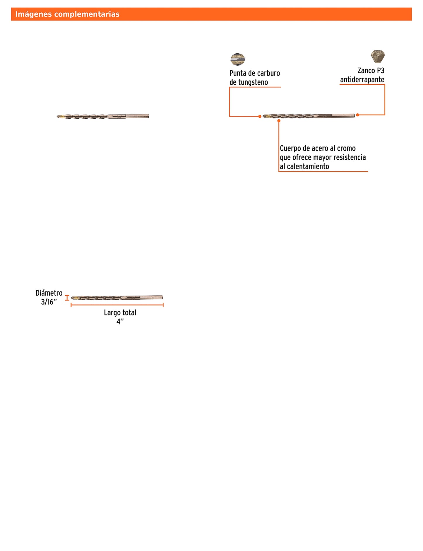 Broca para concreto de 3/16 x 4 in con punta de carburo de tungsteno