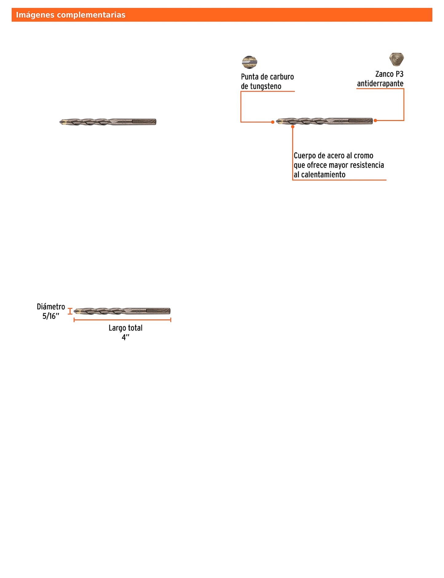 Broca para concreto de 5/16 x 4 in con punta de carburo de tungsteno