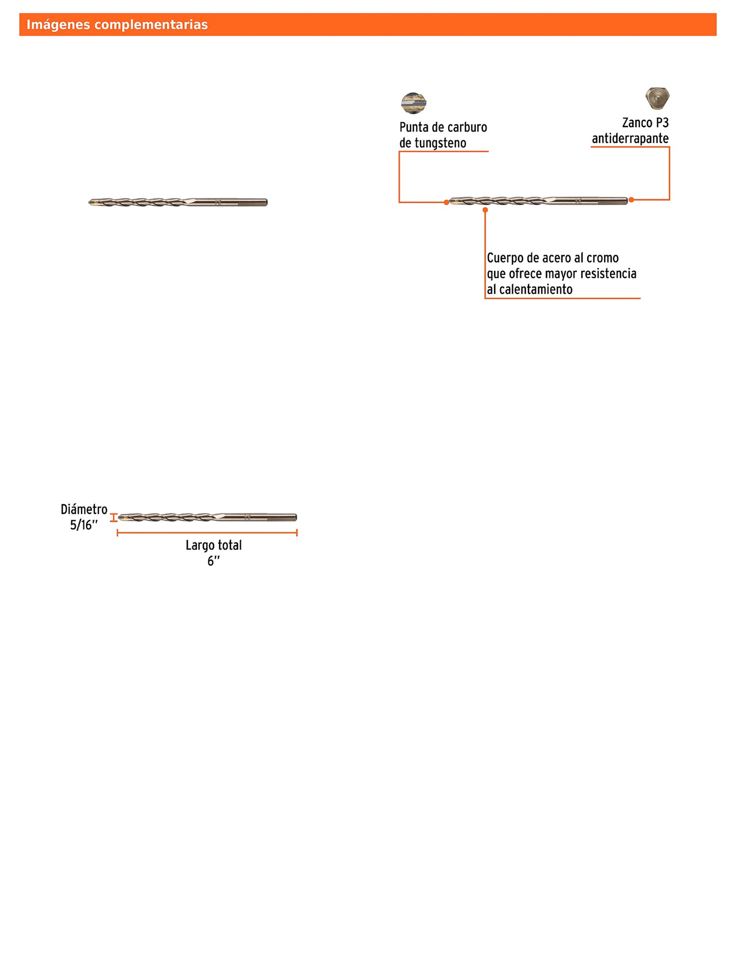 Broca para concreto de 5/16 x 6 in con punta de carburo de tungsteno
