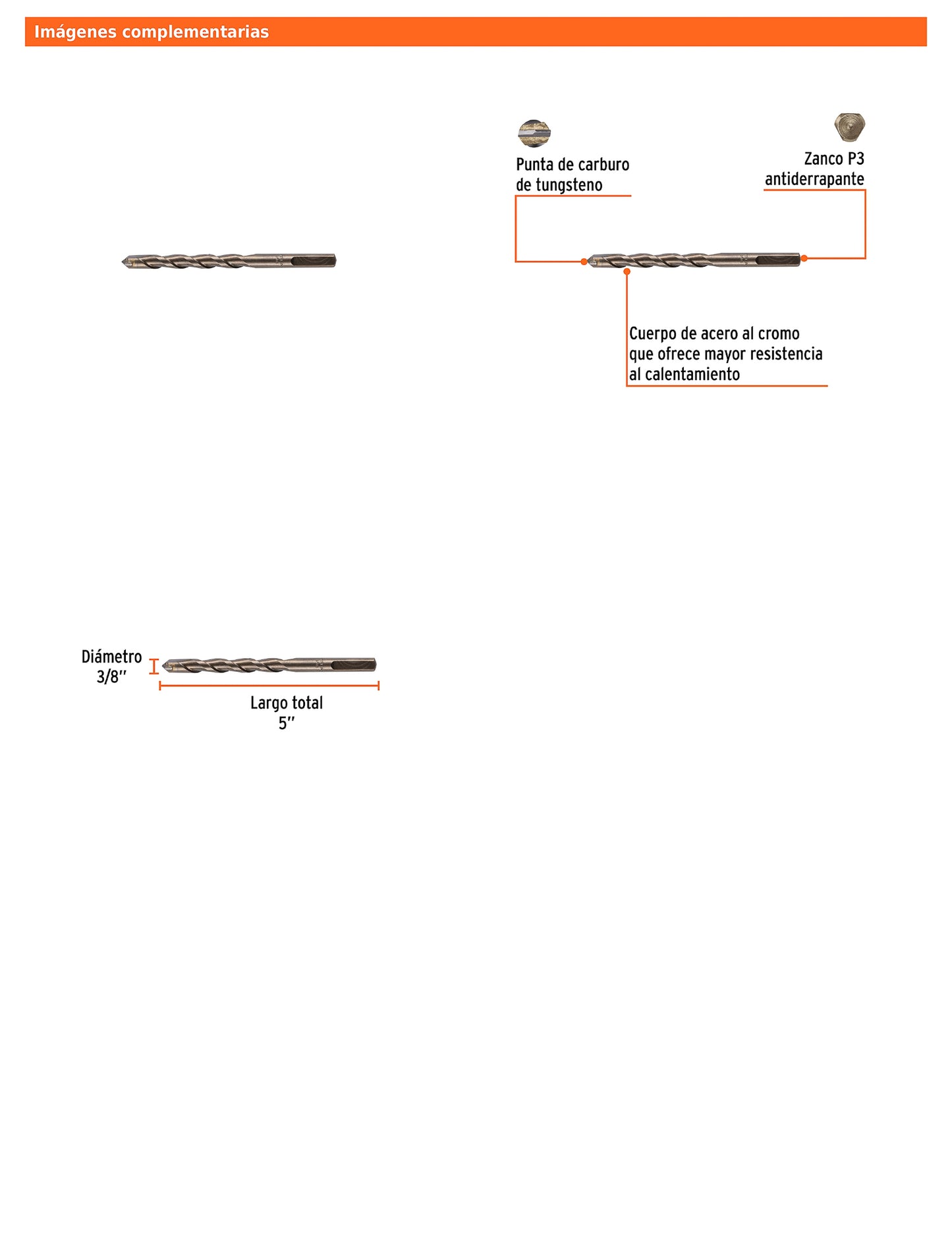 Broca para concreto de 3/8 x 5 in con punta de carburo de tungsteno