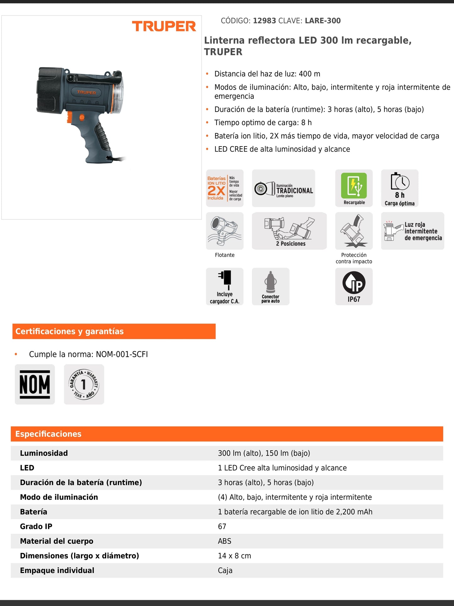 Linterna reflectora LED recargable de 300 lm