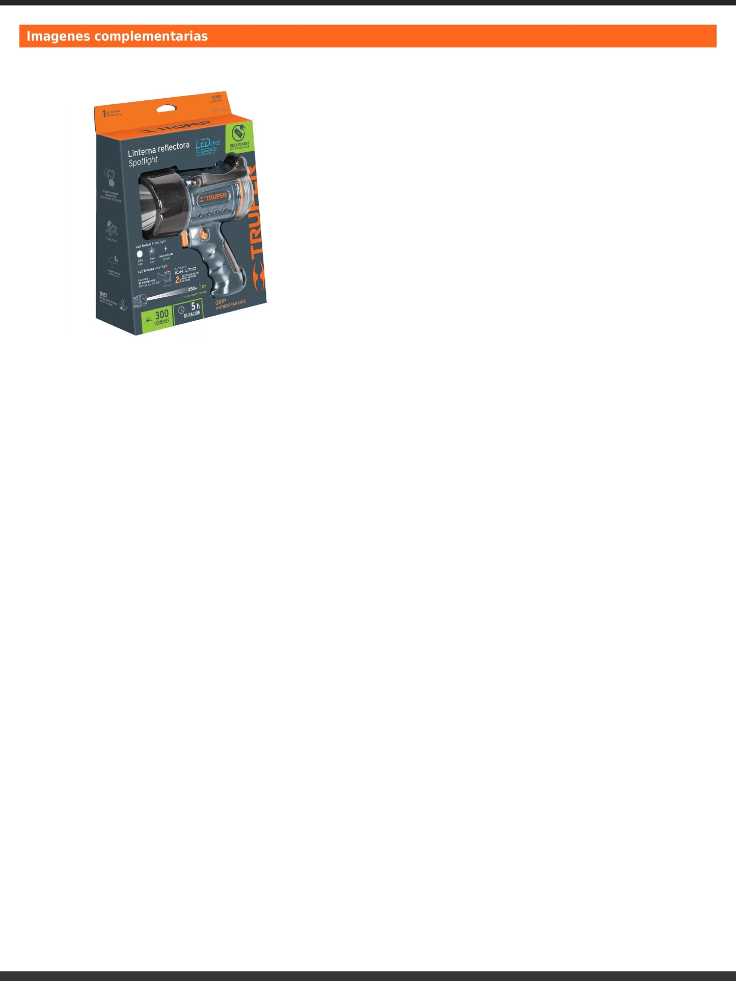 Linterna reflectora LED recargable de 300 lm