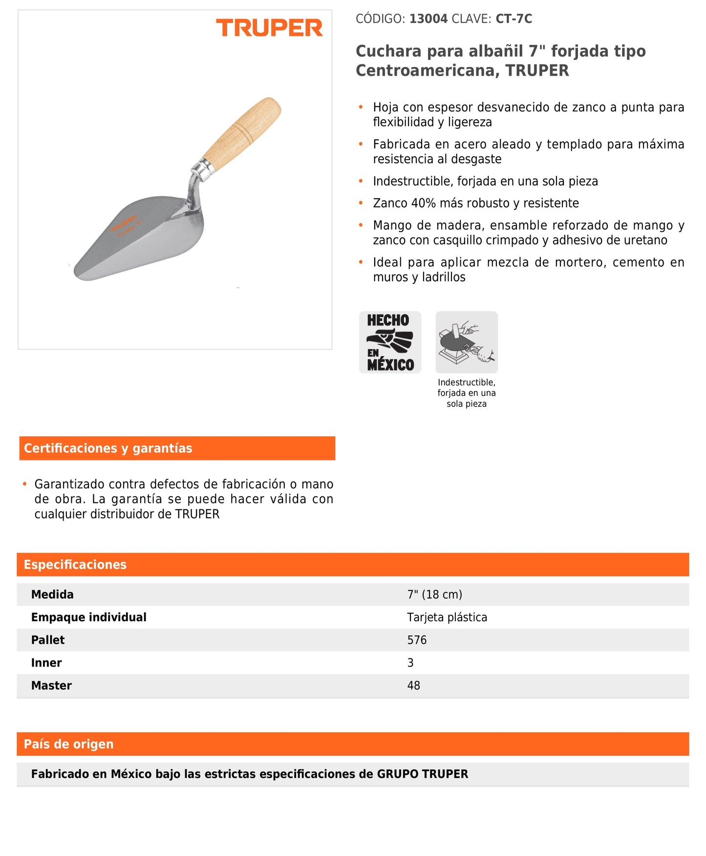Cuchara para Albañil 7" Forjada Tipo Centroamericana