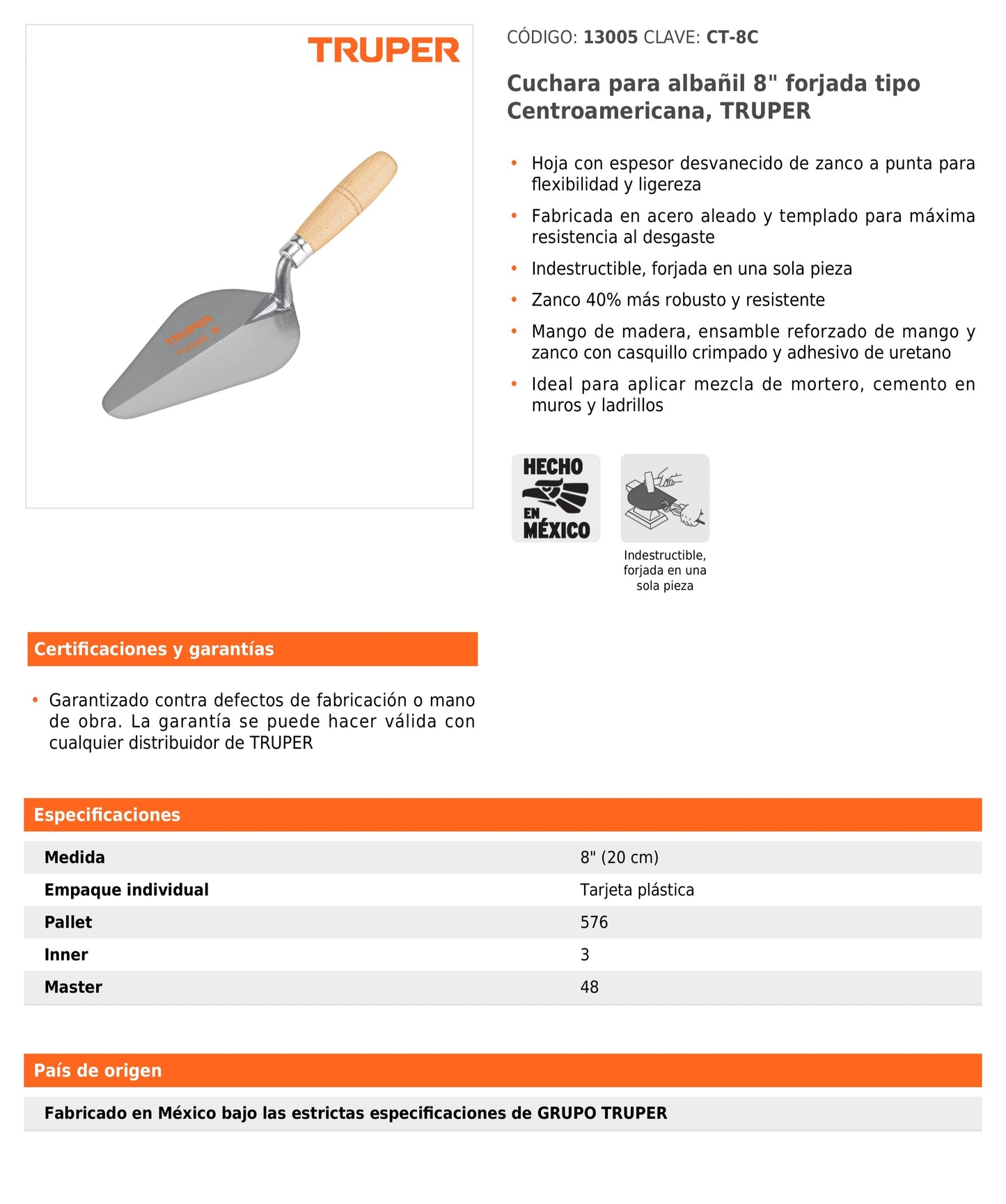Cuchara para Albañil 8" Forjada Tipo Centroamericana