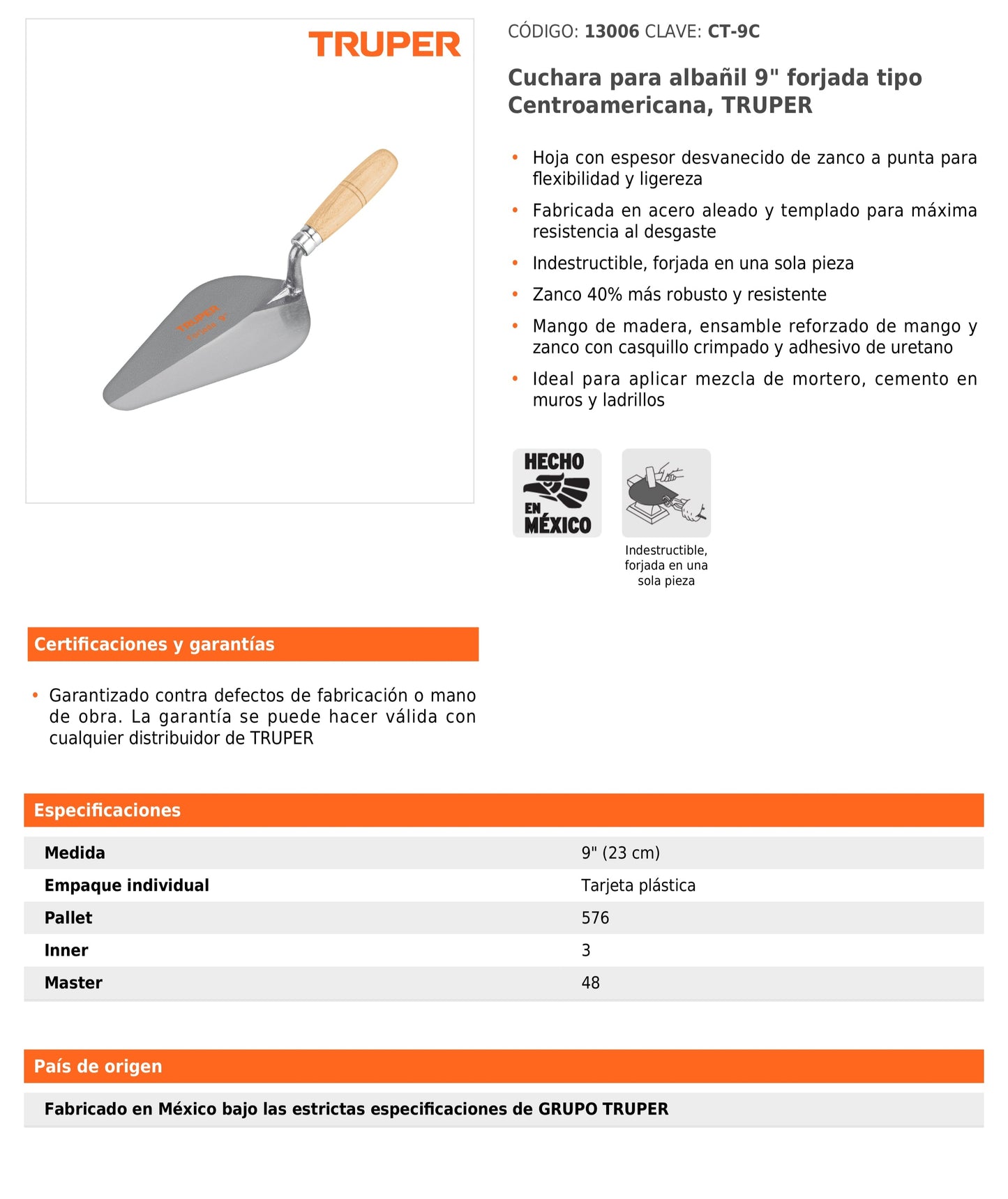 Cuchara para Albañil 9" Forjada Tipo Centroamericana