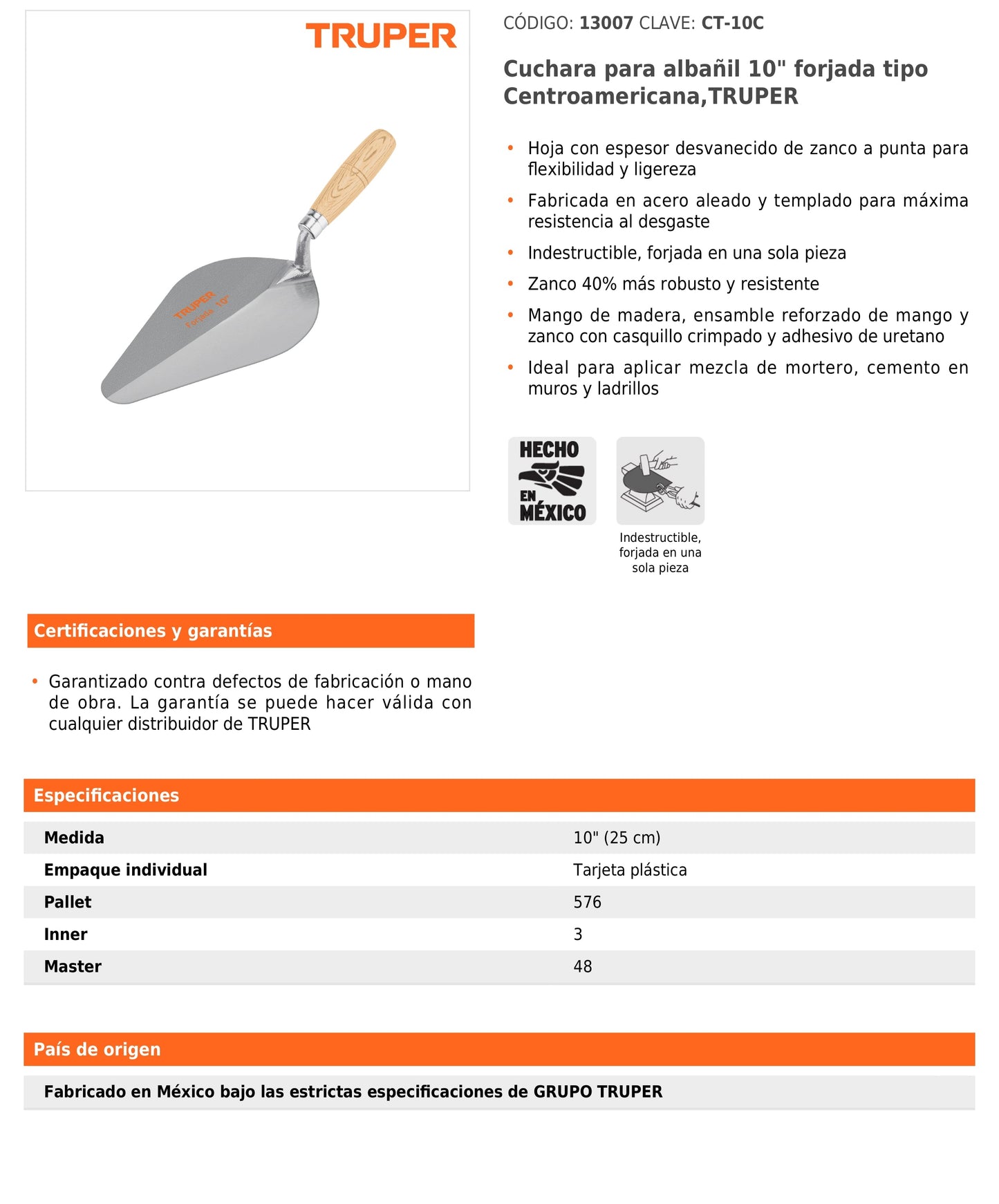 Cuchara para Albañil 10" Forjada Tipo Centroamericana