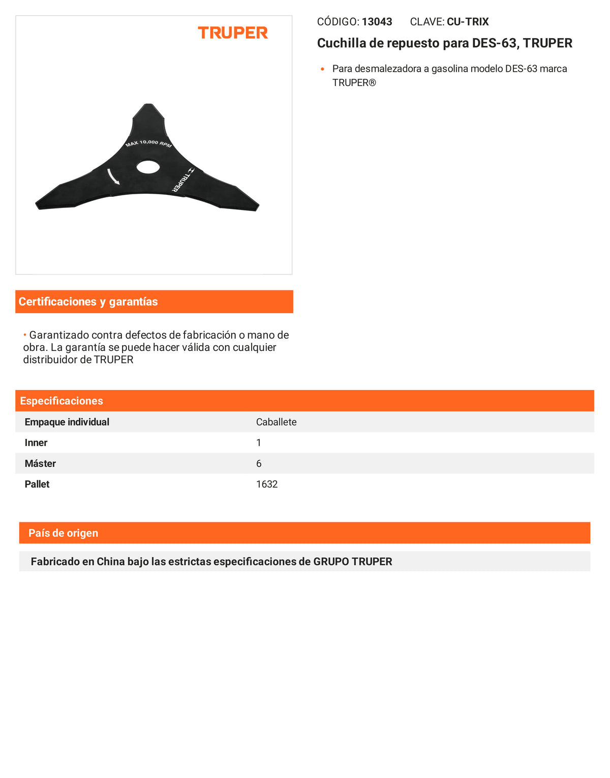 Ficha tecnica - Cuchilla para DES-63 - SKU 13043
