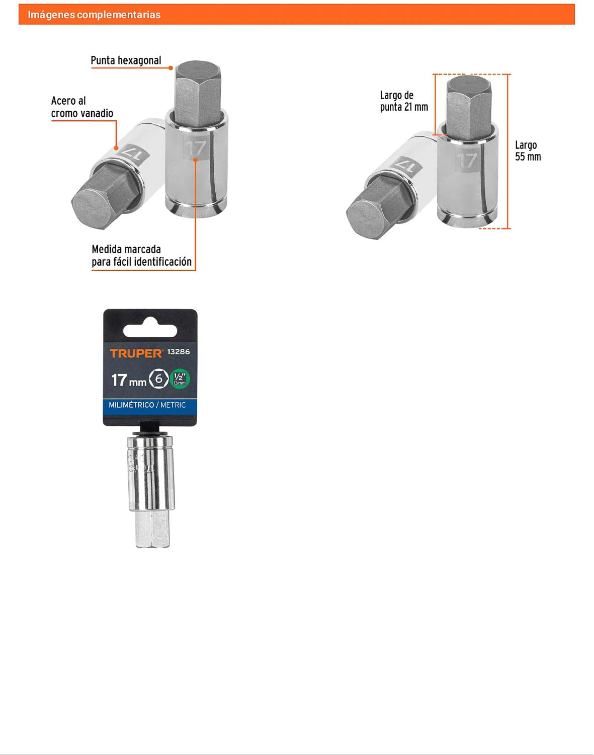Dado punta hexagonal 17 mm cuadro 1/2pulg