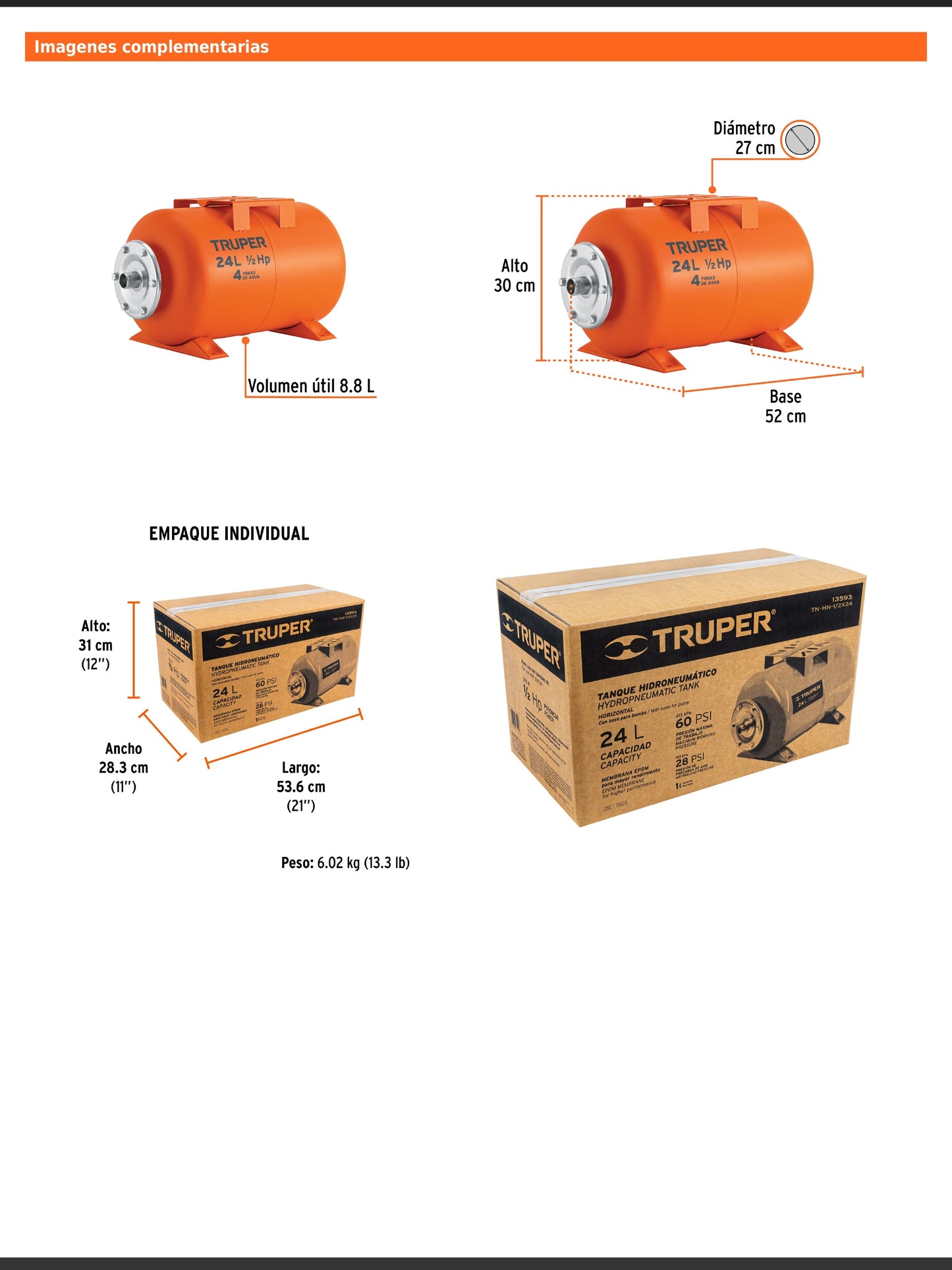 Tanque hidroneumático horizontal de 24 litros