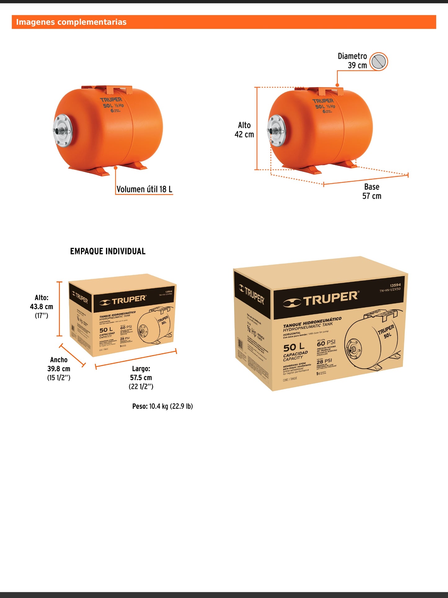Tanque hidroneumático horizontal de 50 litros