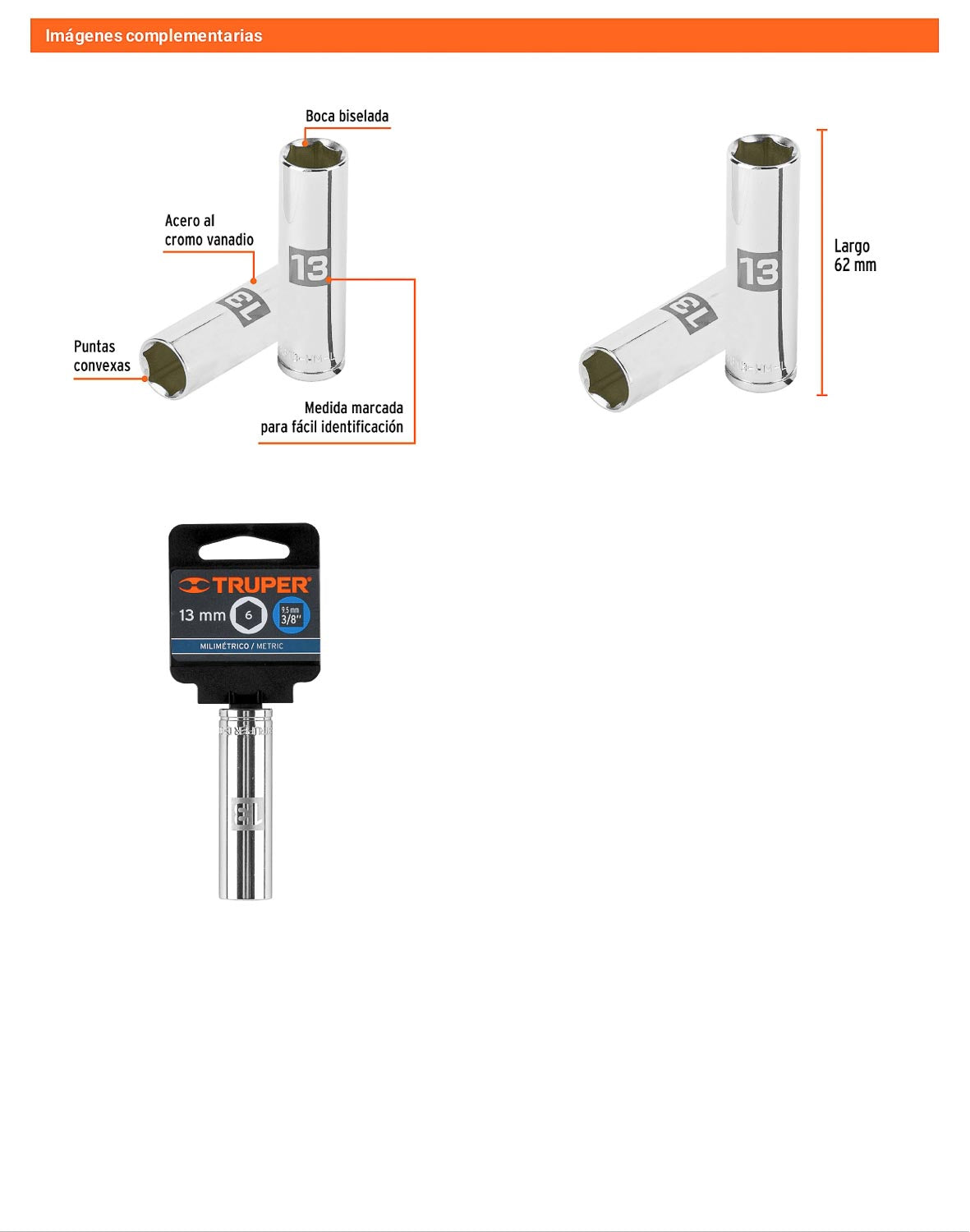 Dado largo 13 mm cuadro 3/8 pulg