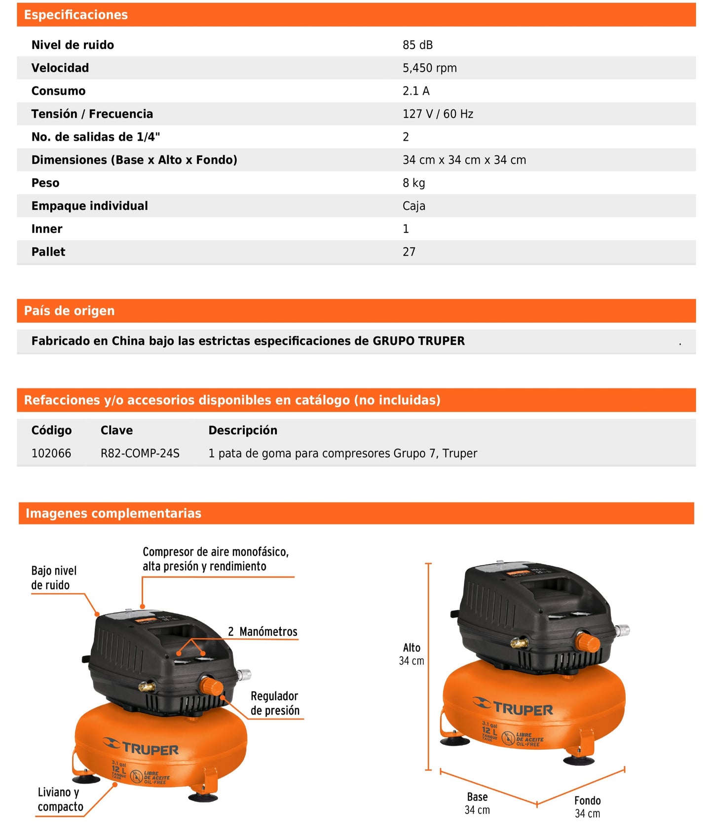 Compresor libre de aceite de 12 L y 1 HP para uso profesional