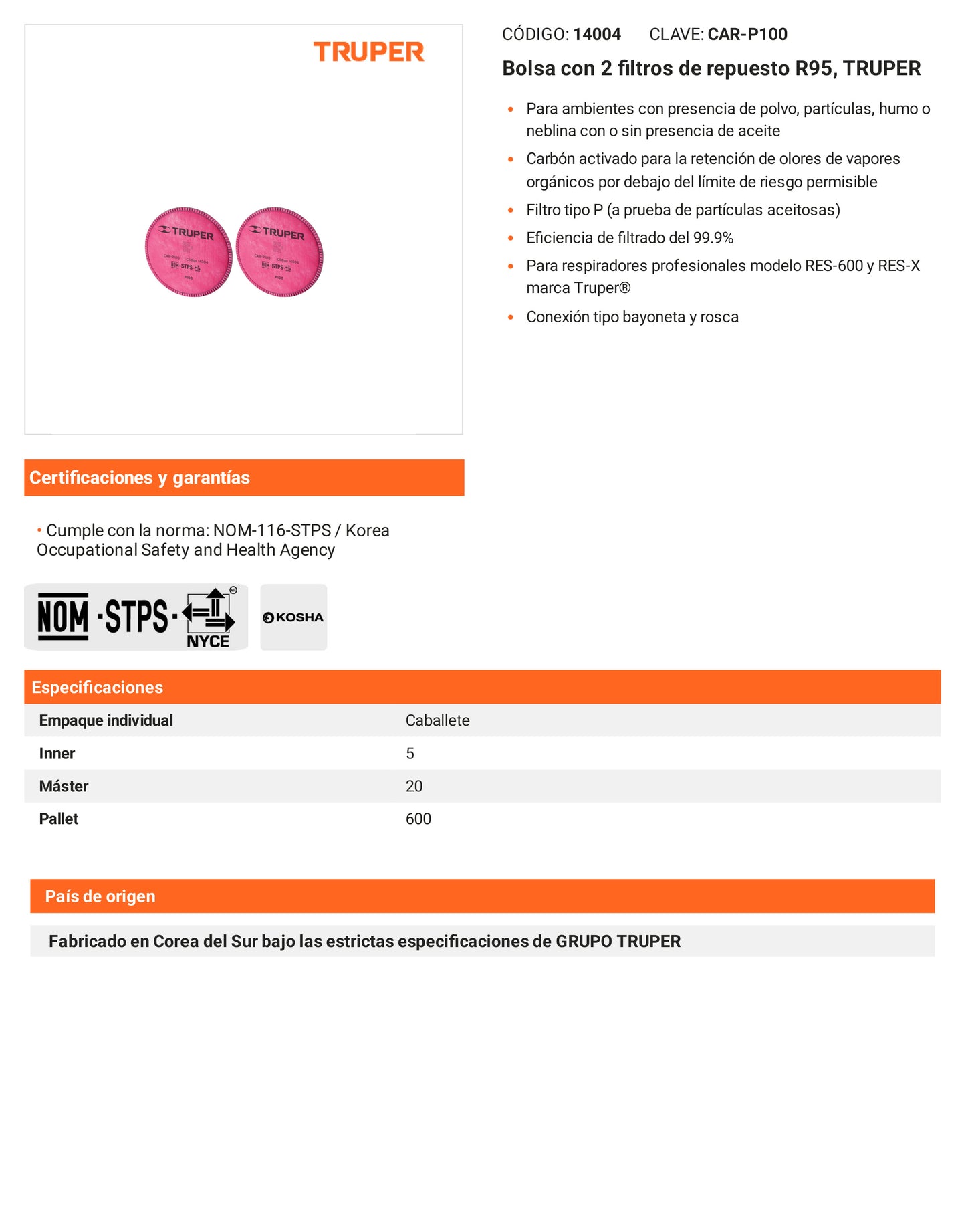 Ficha tecnica - 2 filtros de repuesto R95 - SKU 14004