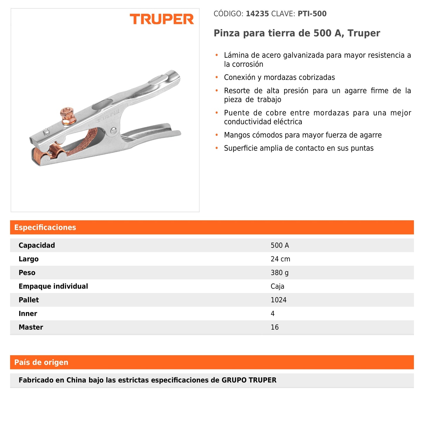 Tenaza polo tierra 500 amperios