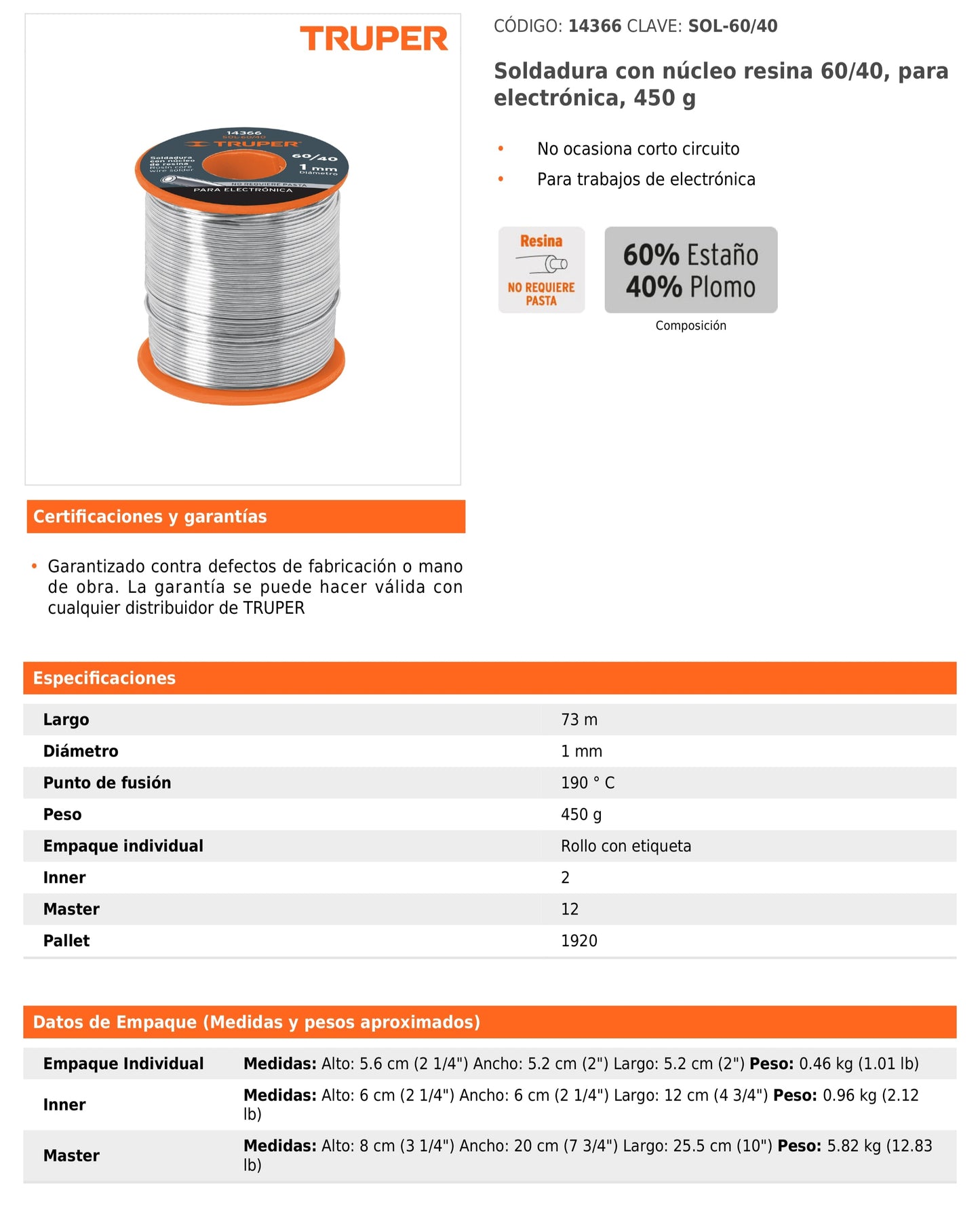 Soldadura con núcleo resina 60/40 para electrónica