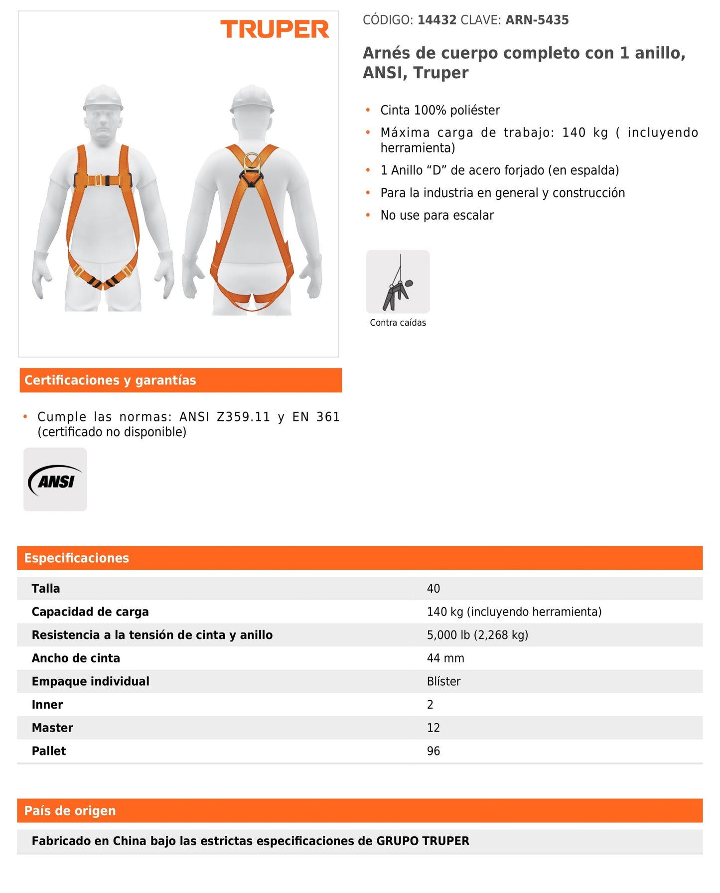 Arnés de cuerpo completo ANSI con 1 anillo