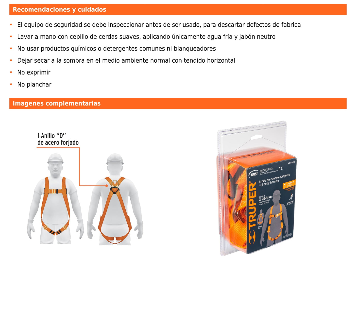 Arnés de cuerpo completo ANSI con 1 anillo