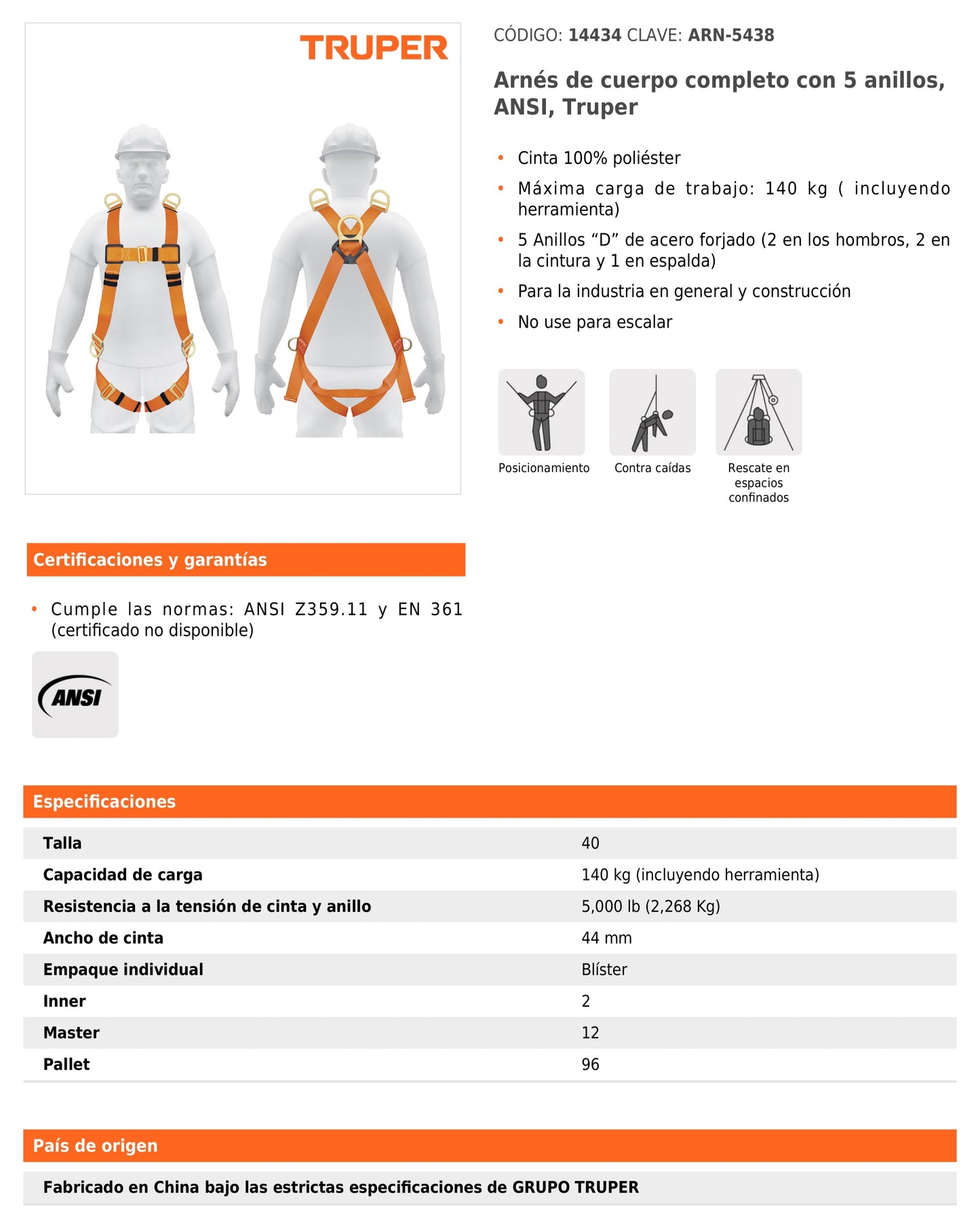 Arnes de seguridad para trabajo en altura ajustable con 5 argollas