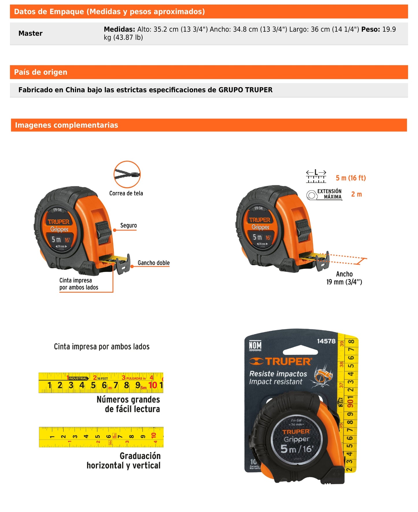 Cinta métrica Gripper contra Impactos 5m cinta 19 mm