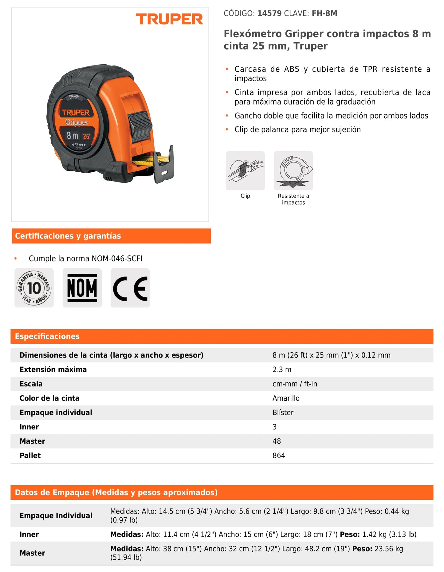 Cinta métrica Gripper contra Impactos 8 m cinta 25 mm