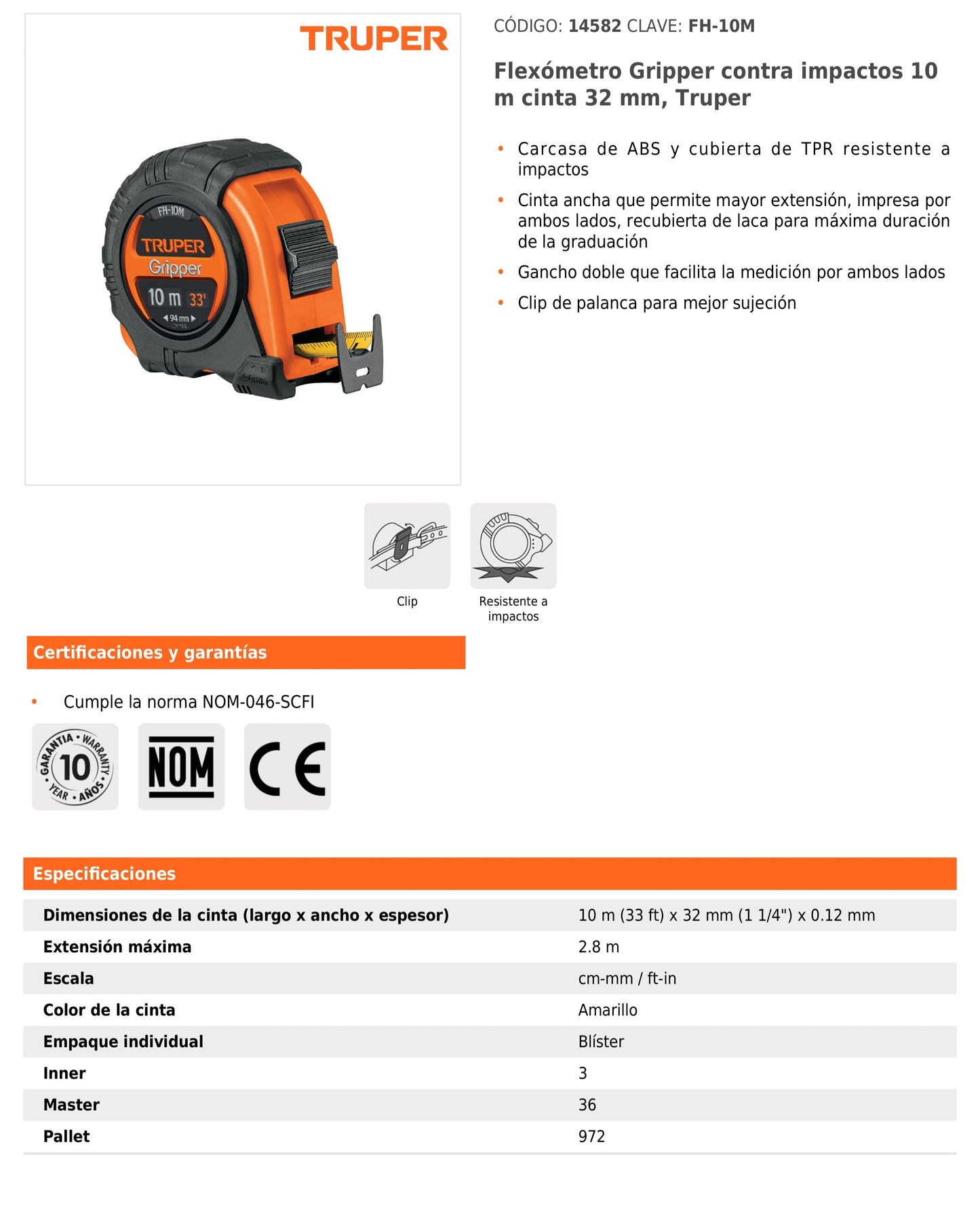 Cinta métrica Gripper contra Impactos 10m cinta 32 mm