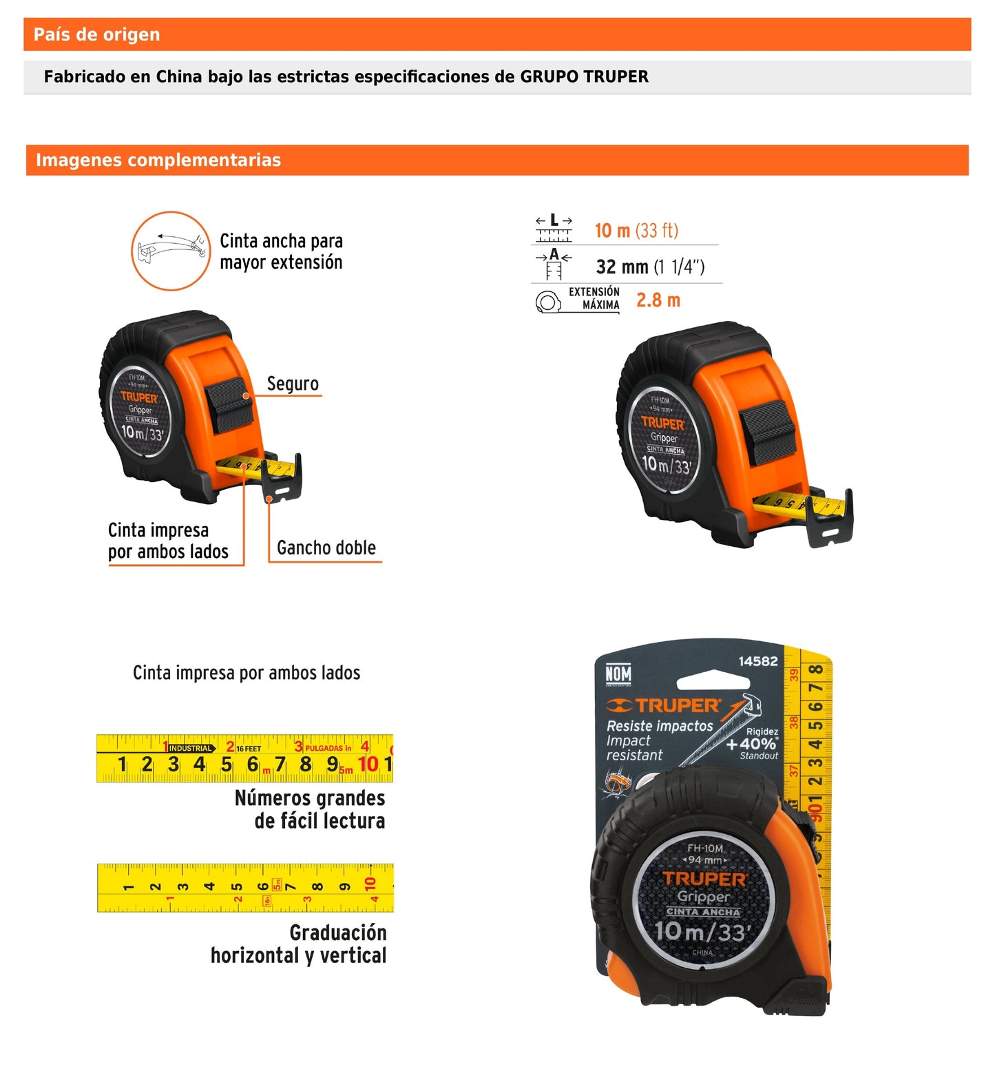 Cinta métrica Gripper contra Impactos 10m cinta 32 mm