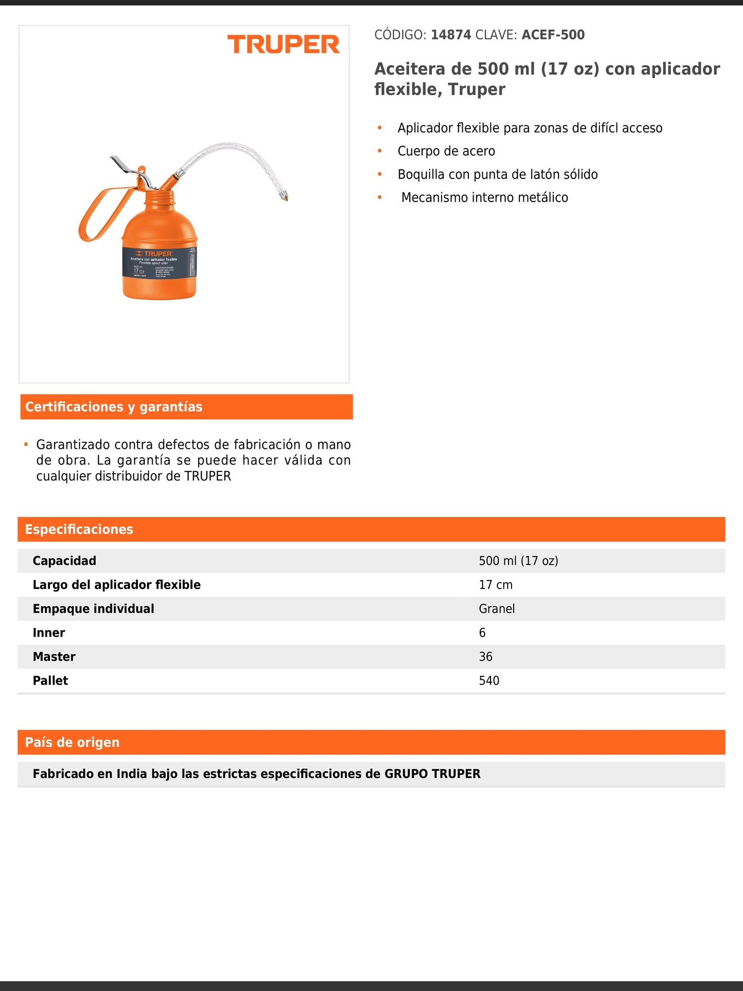 Aceitera de 500 ml con aplicador flexible