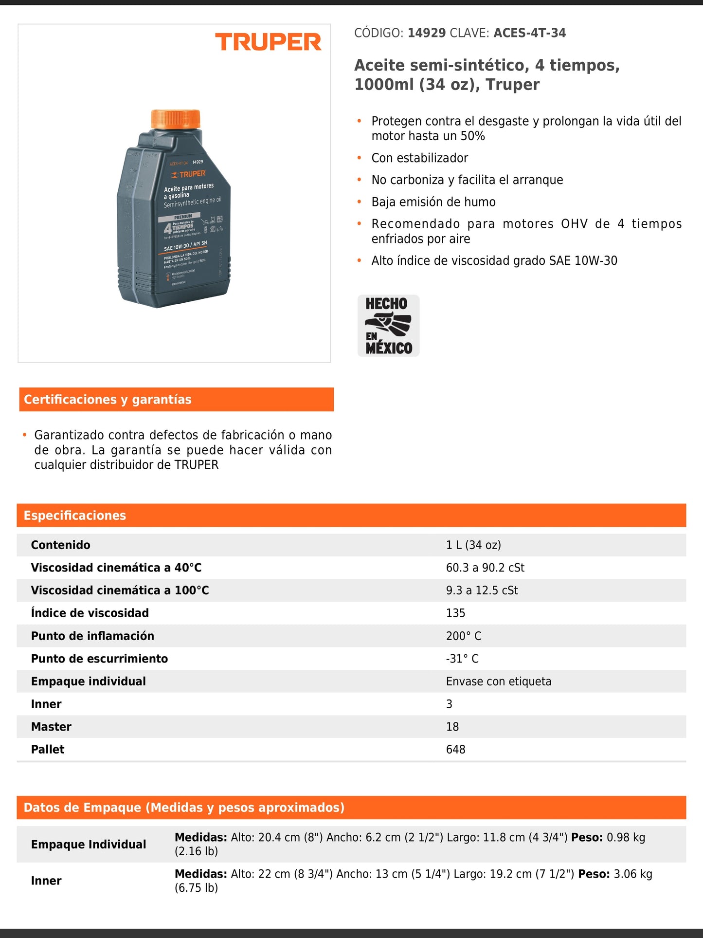 Aceite semi-sintético 4 tiempos de 1 L SAE 10W-30