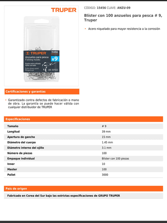 Blíster con 100 anzuelos de pesca número 9