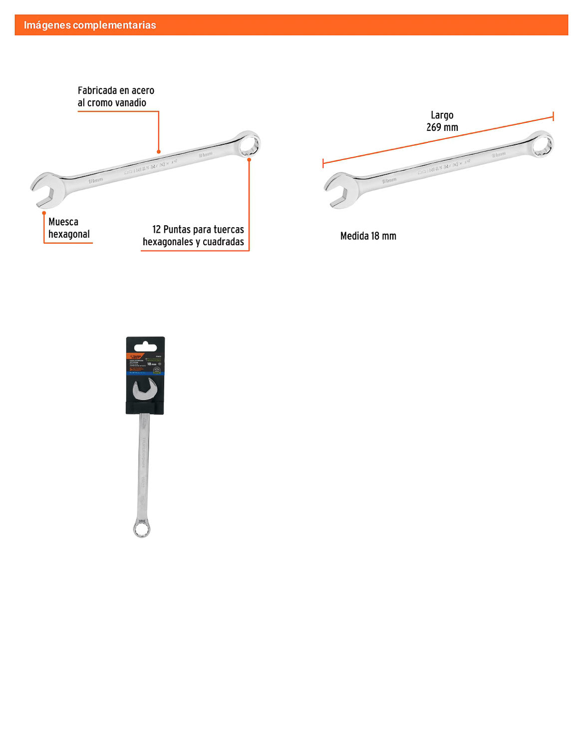 Llave combinada extralarga 18 mm con muesca hexagonal