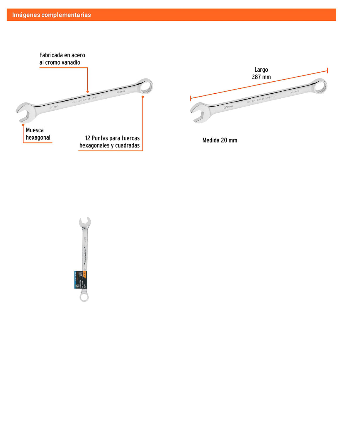 Llave combinada extralarga 20 mm con muesca hexagonal