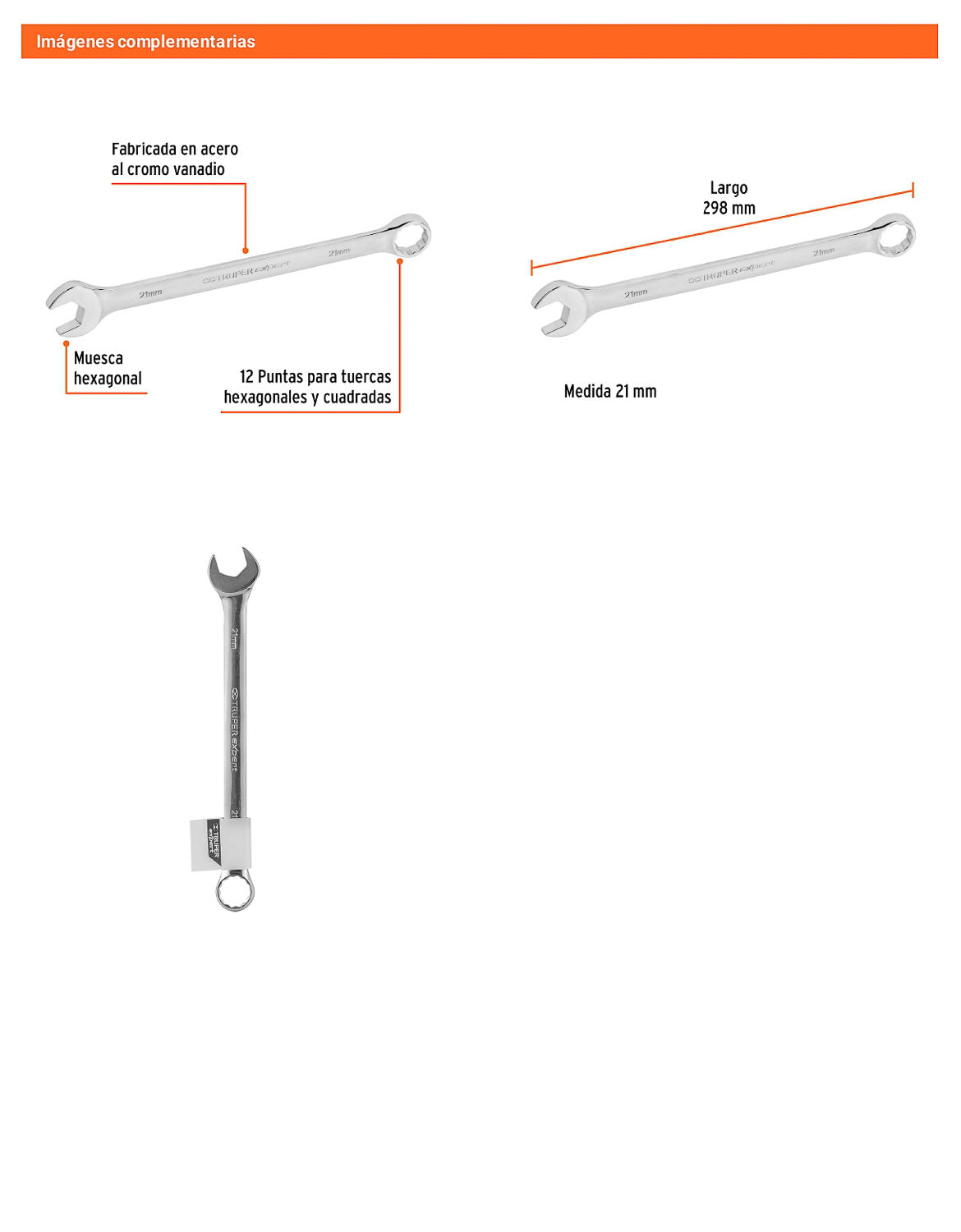 Llave combinada extralarga 21 mm con muesca hexagonal