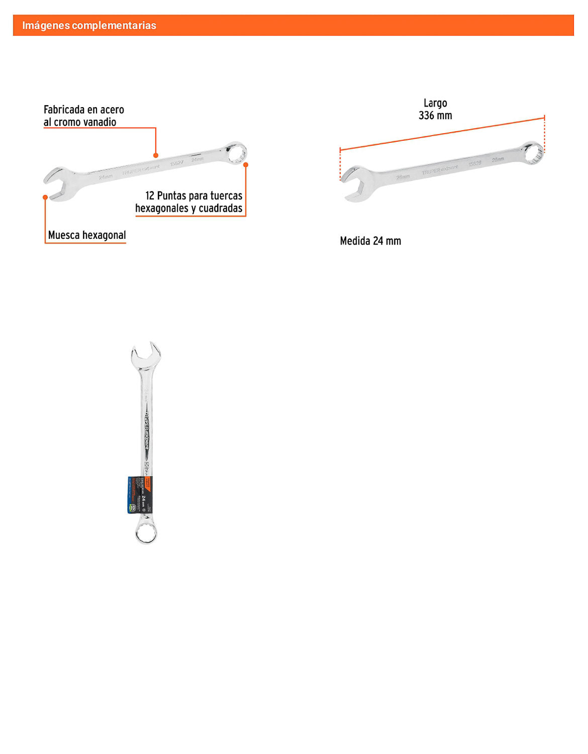 Llave combinada extralarga 24 mm con muesca hexagonal