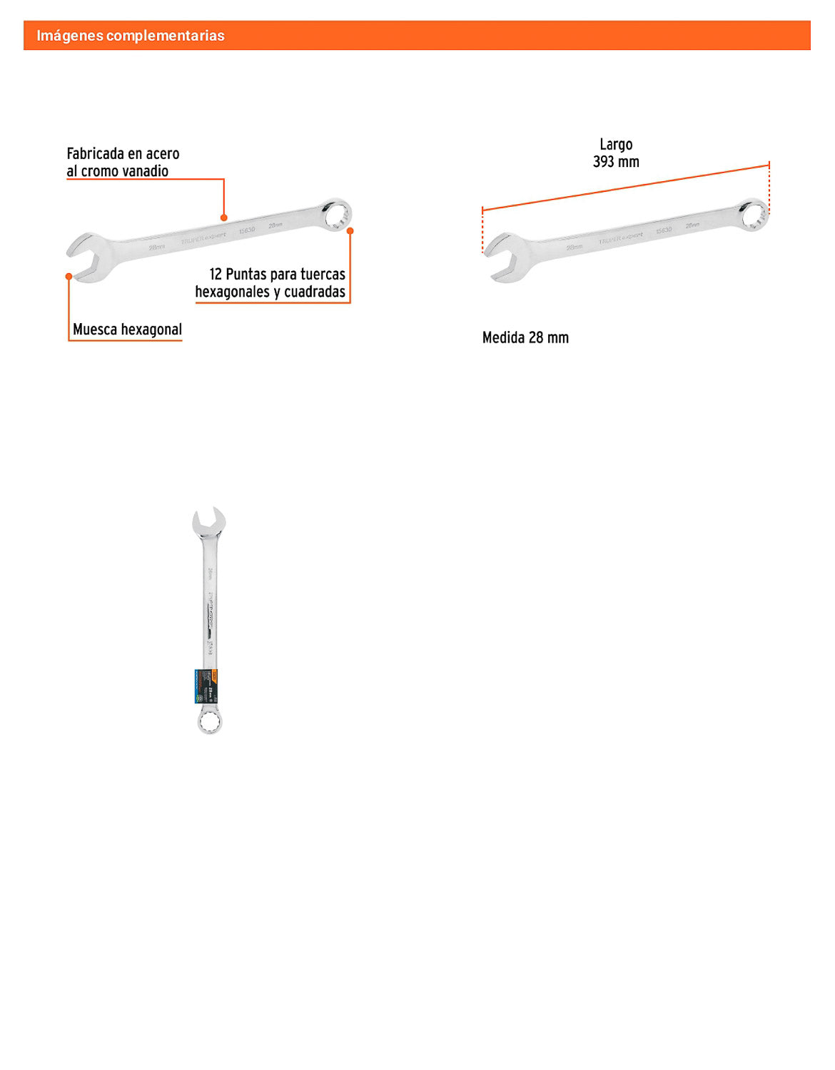 Llave combinada extralarga 28 mm con muesca hexagonal